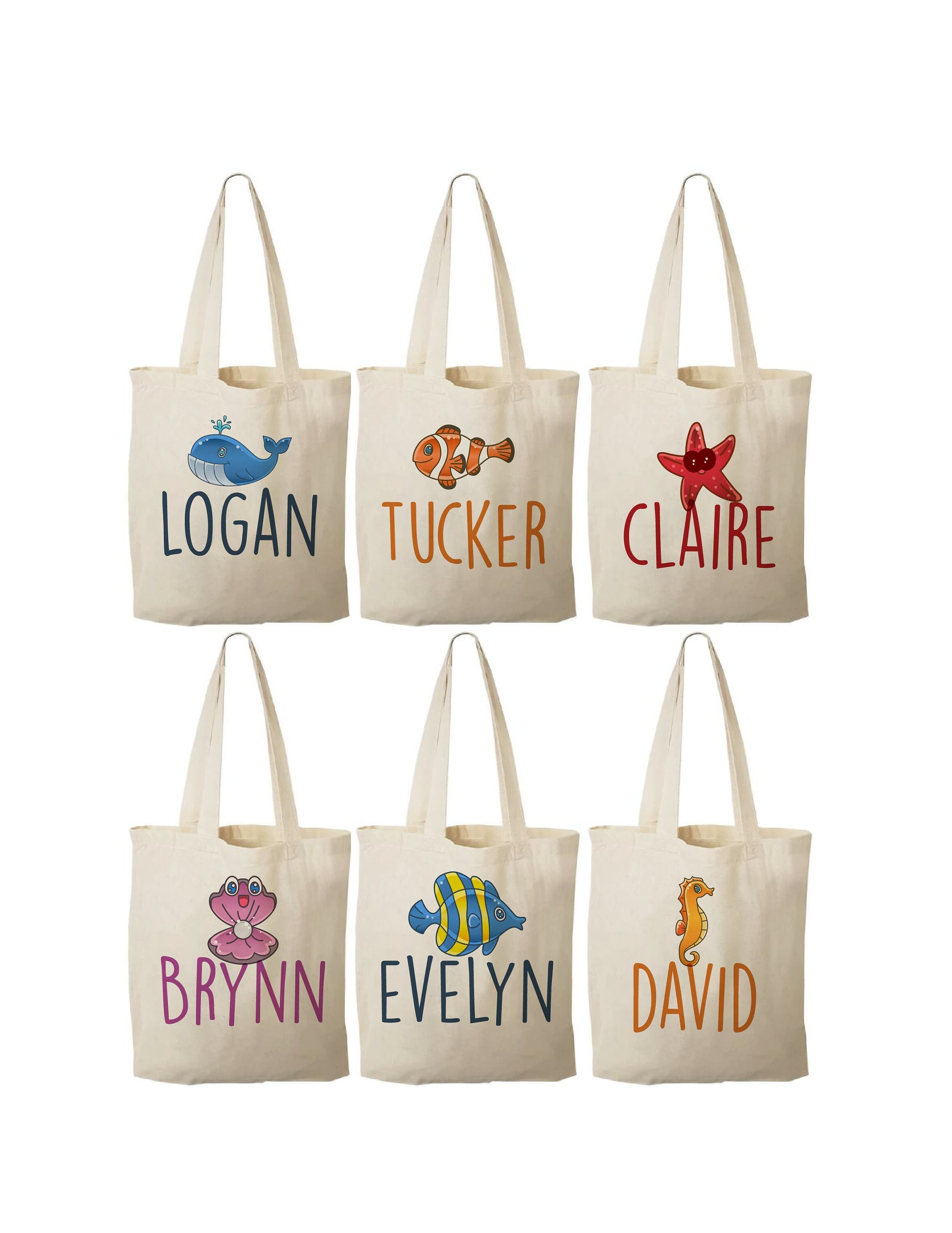 Personalized Under the Sea Party Favor Bags - Ocean Theme Cotton Tote - Set of Six Bags