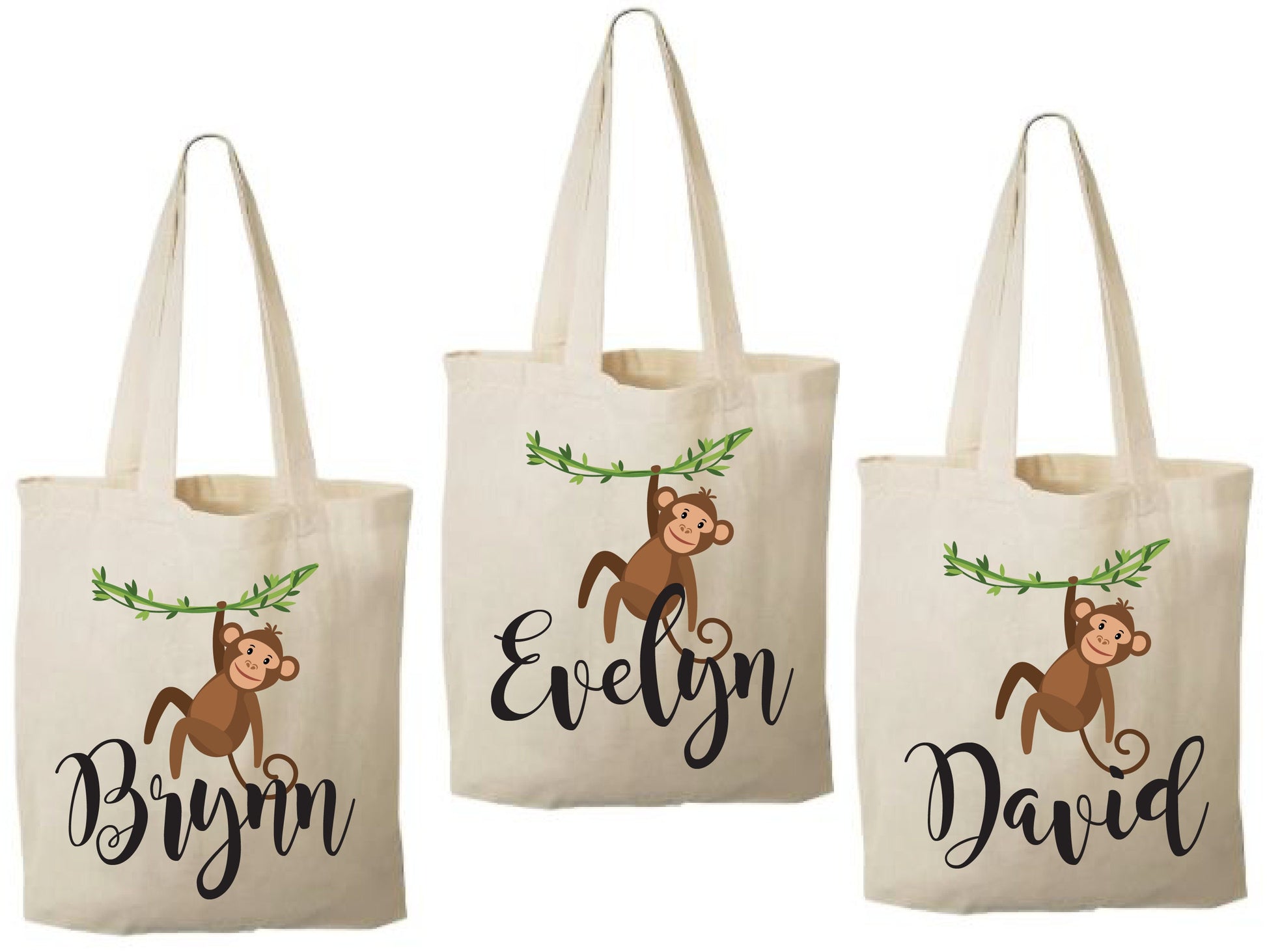 Custom Monkey Party Favor Bags - Perfect for Monkey or Jungle Themed Parties & Events - Set of Three Bags Personalized with Names