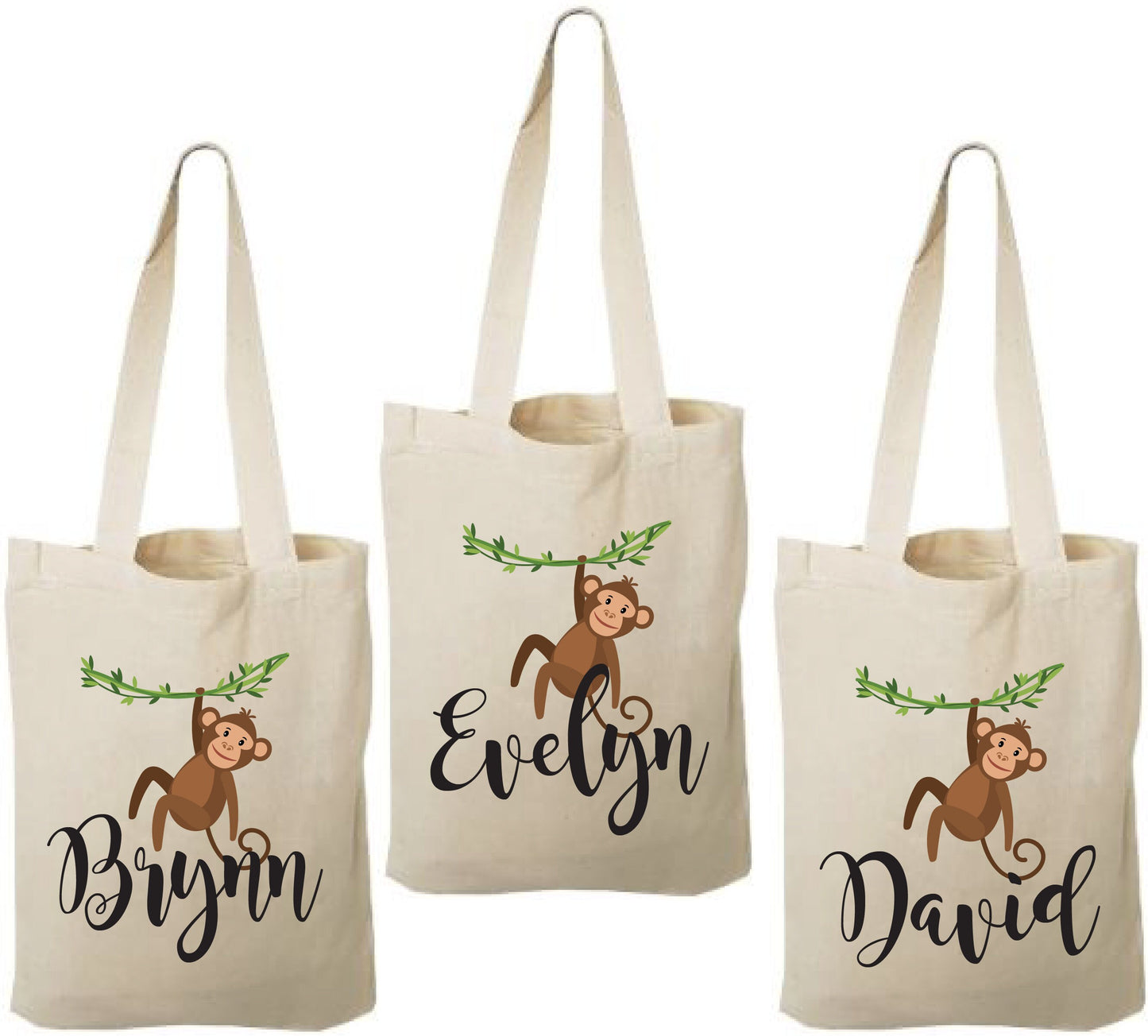 Custom Monkey Party Favor Bags - Perfect for Monkey or Jungle Themed Parties & Events - Set of Three Bags Personalized with Names