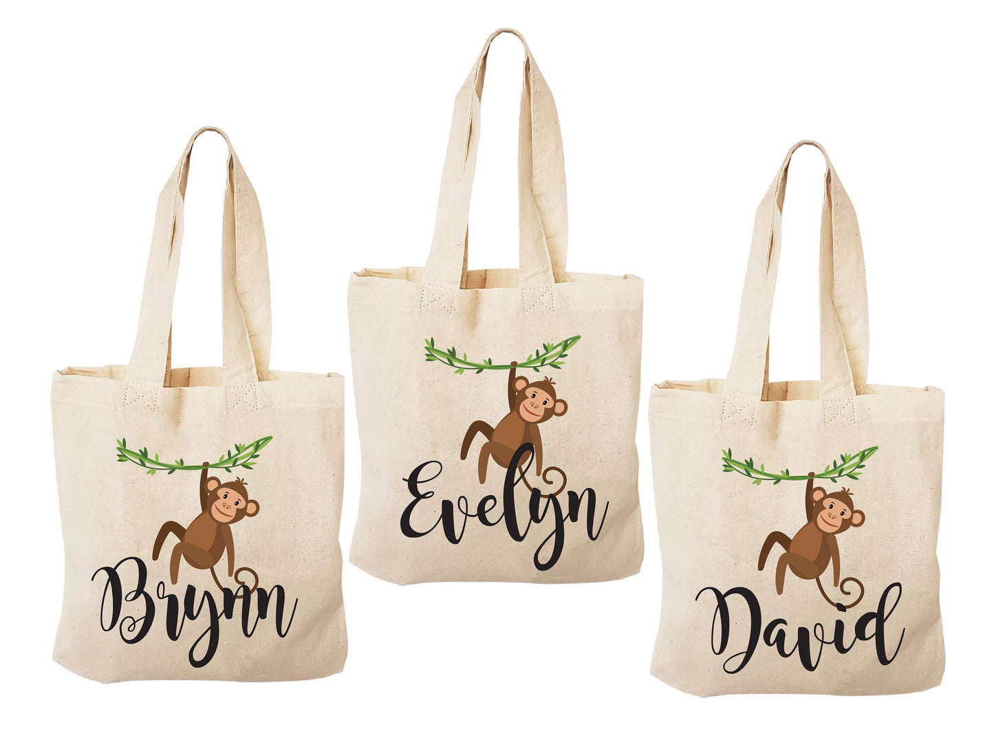 Custom Monkey Party Favor Bags - Perfect for Monkey or Jungle Themed Parties & Events - Set of Three Bags Personalized with Names