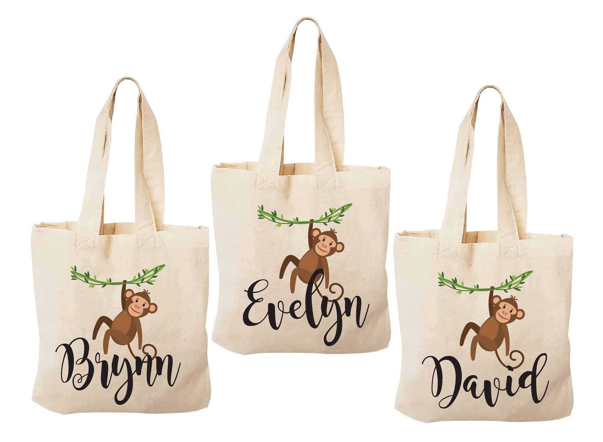 Custom Monkey Party Favor Bags - Perfect for Monkey or Jungle Themed Parties & Events - Set of Three Bags Personalized with Names