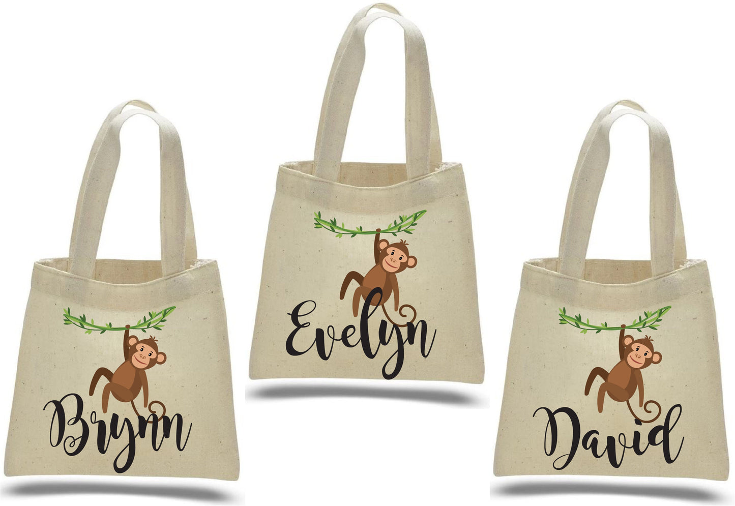 Custom Monkey Party Favor Bags - Perfect for Monkey or Jungle Themed Parties & Events - Set of Three Bags Personalized with Names
