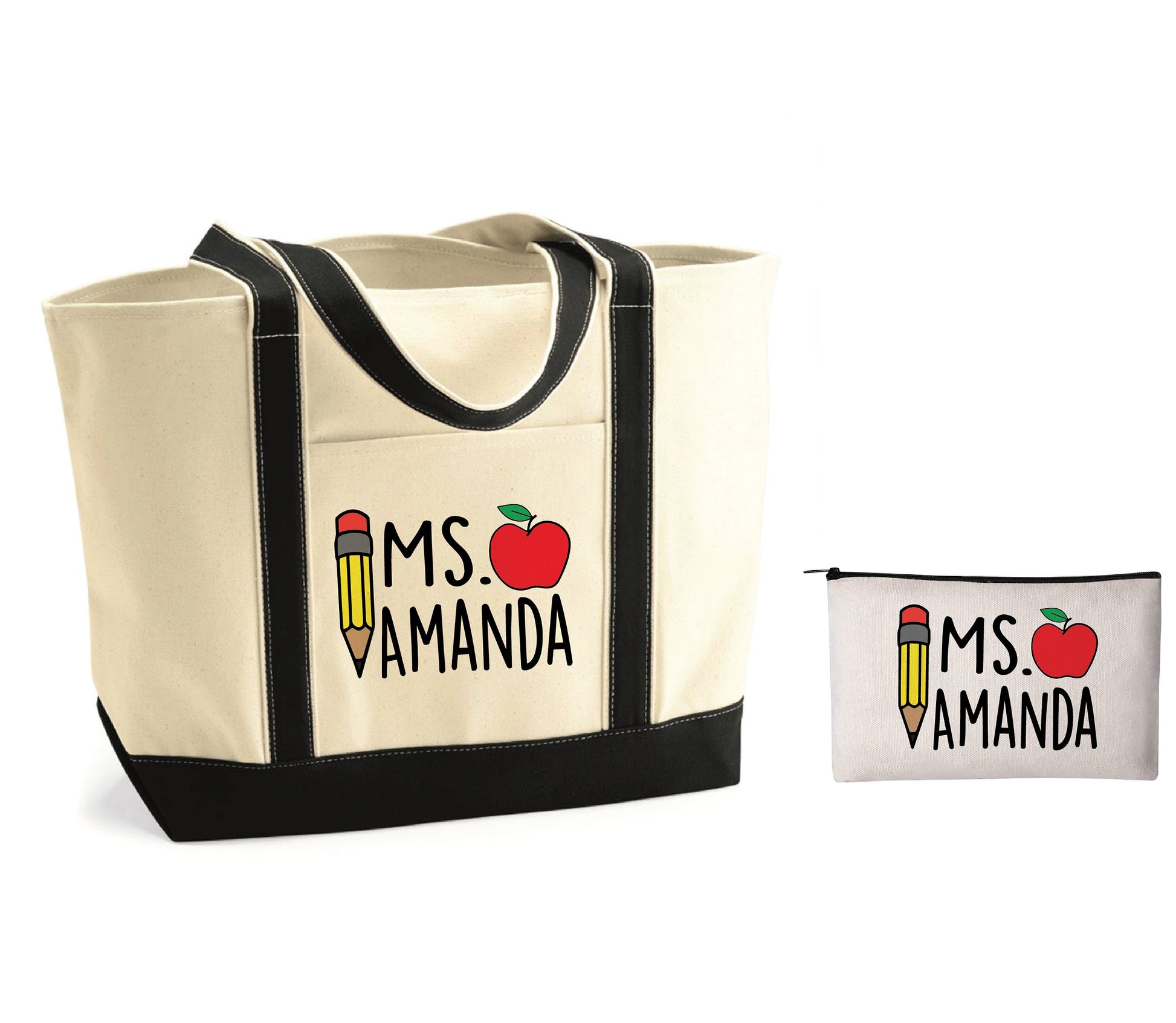 Personalized Teacher Tote Bag and Pencil Pouch Set, Canvas Zippered