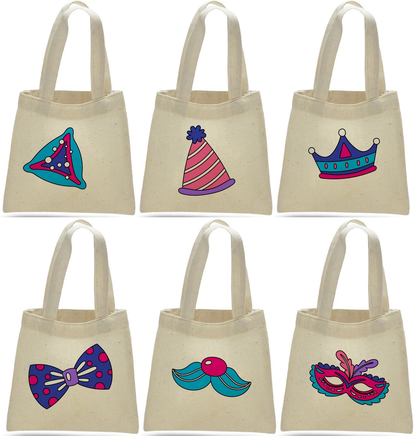 Purim Party Favor Bags, Assorted Cotton Goodie Bags, Set of 6