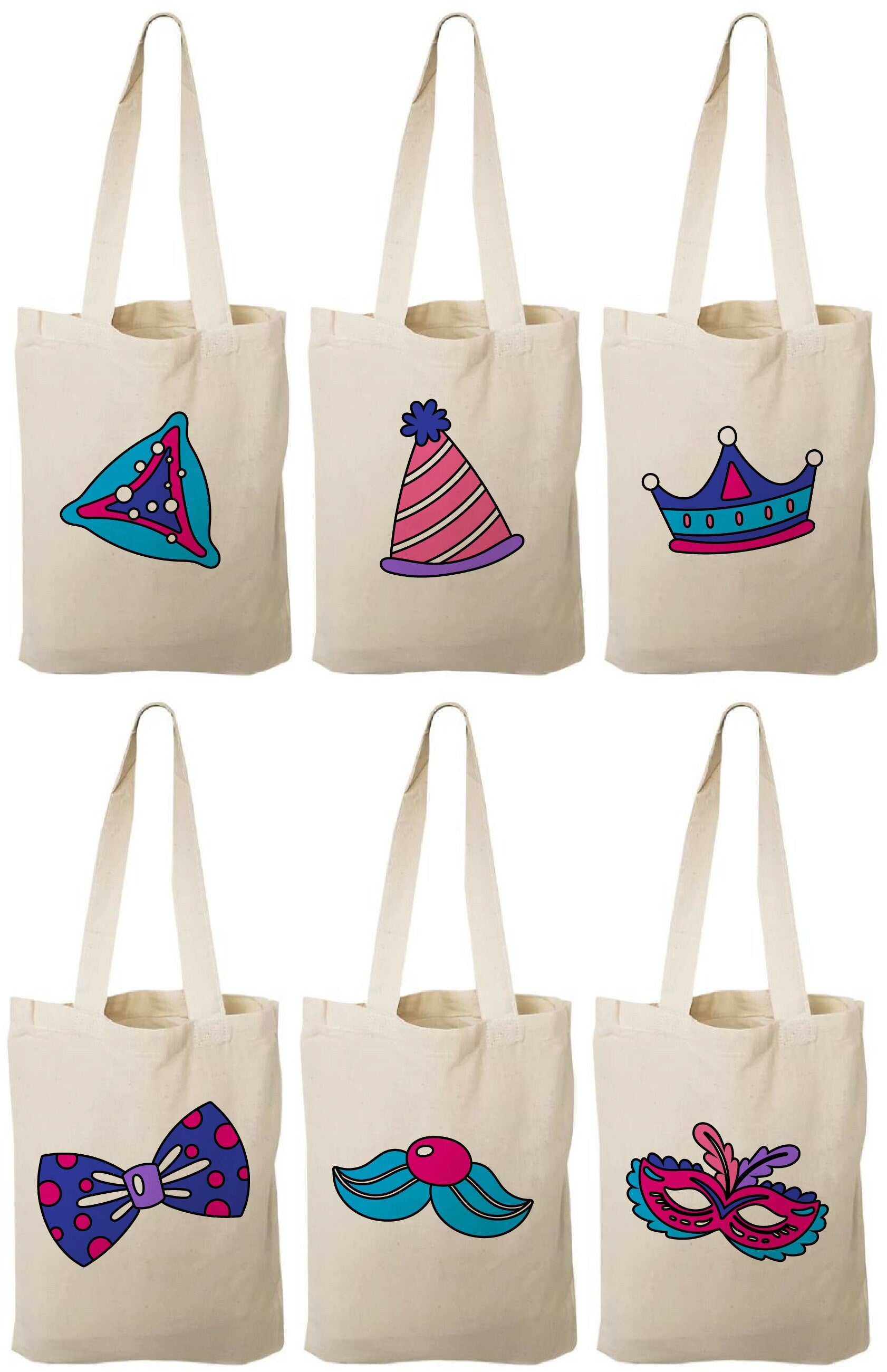 Purim Party Favor Bags, Assorted Cotton Goodie Bags, Set of 6