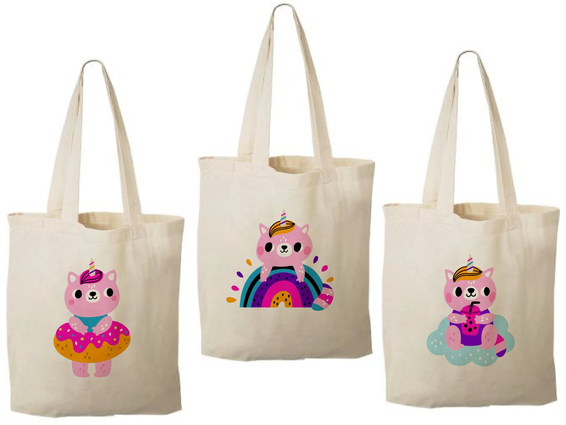 Cat Unicorn Party Favor Bags, Set of 3 Cotton Treat Bags