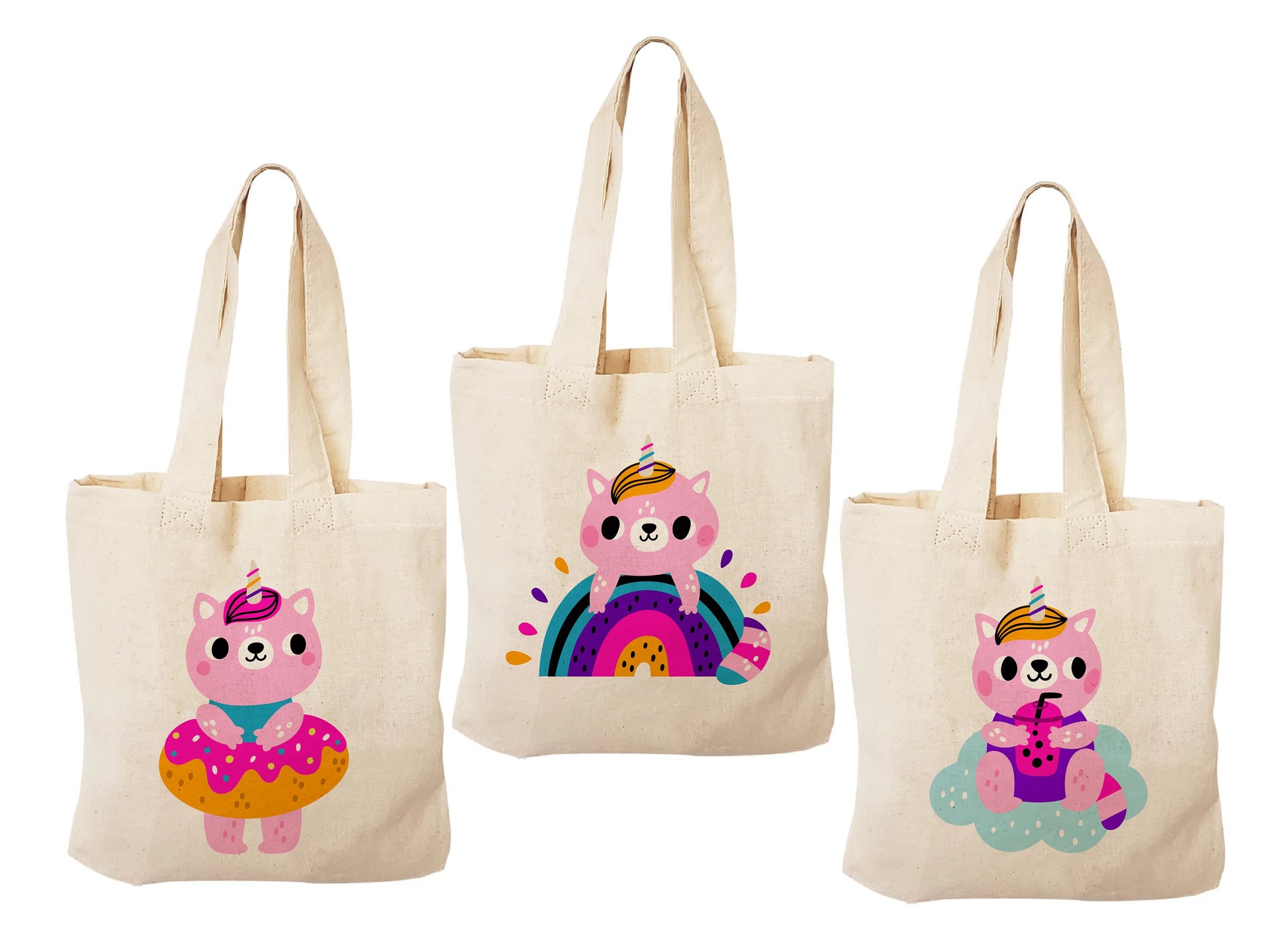 Cat Unicorn Party Favor Bags, Set of 3 Cotton Treat Bags