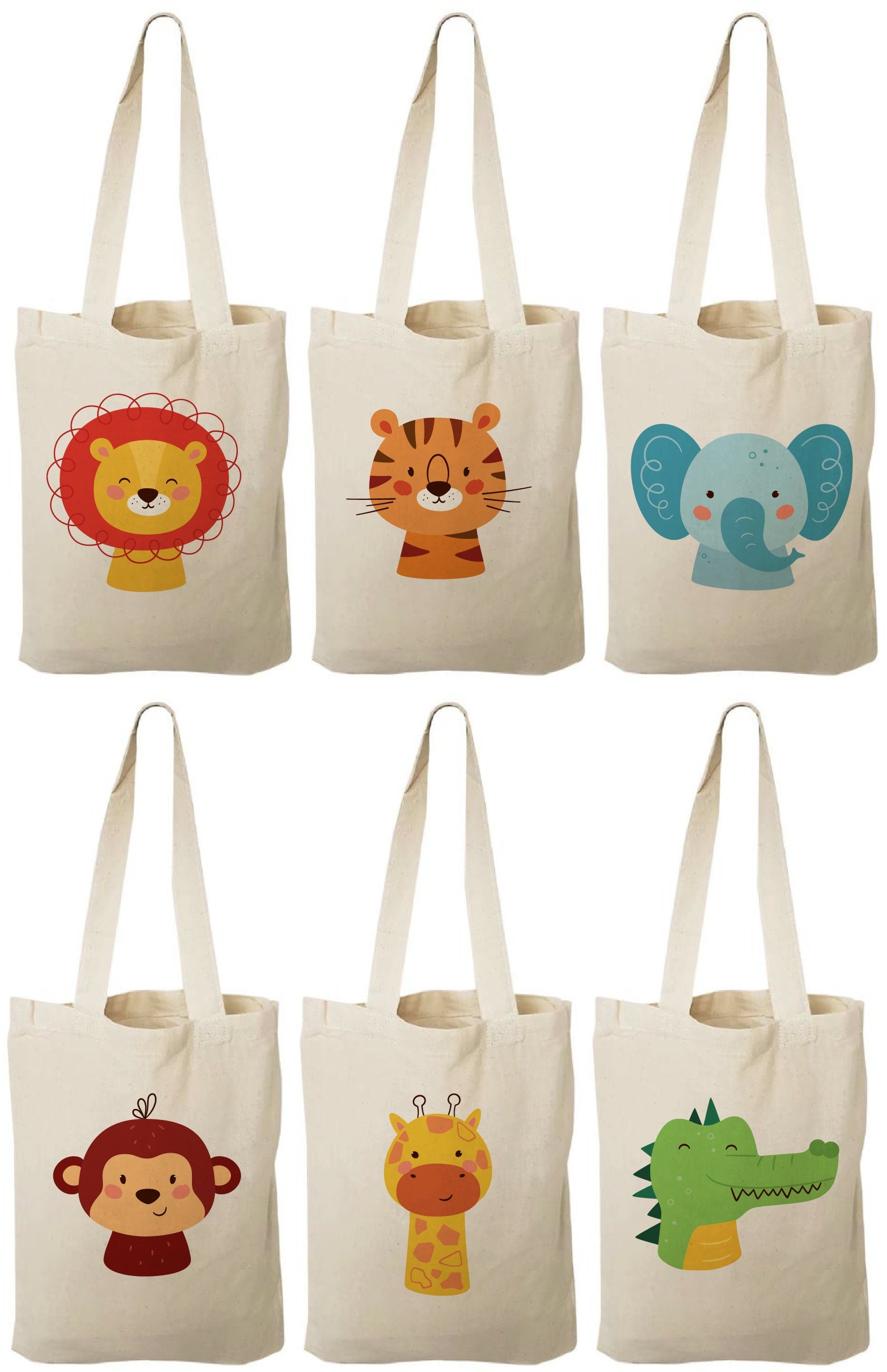 6 Animal Print Cotton Party Favor Bags, Zoo Theme