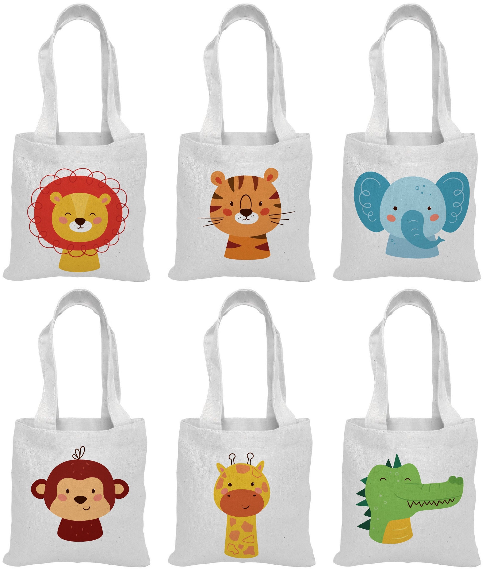 6 Animal Print Cotton Party Favor Bags, Zoo Theme