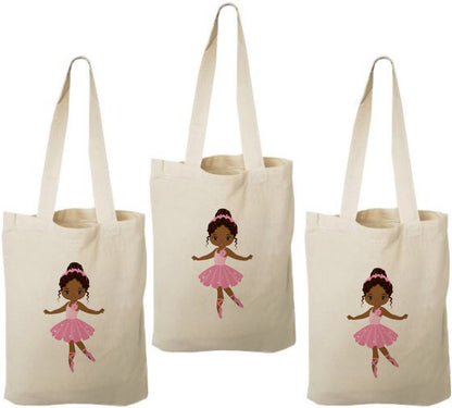 Ballerina Party Favor Bags – Pink Ballet Gift Bags for Girls Birthday, Dance Party Favors, Reusable Canvas Tote, Set of Three Bags