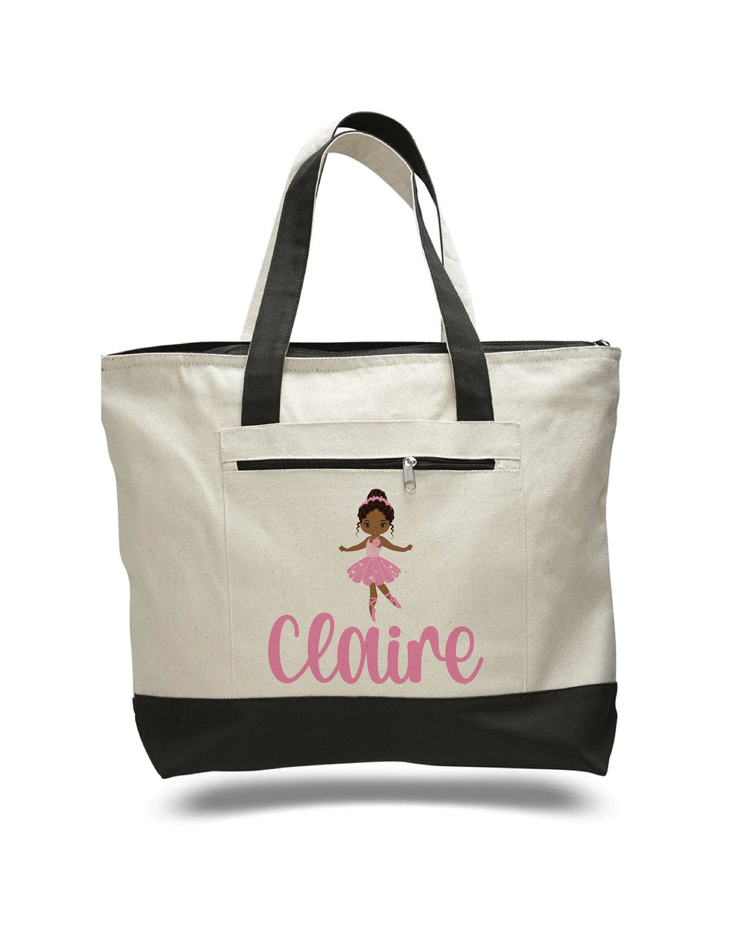 Personalized Ballerina Canvas Tote Bag, Zippered Pocket