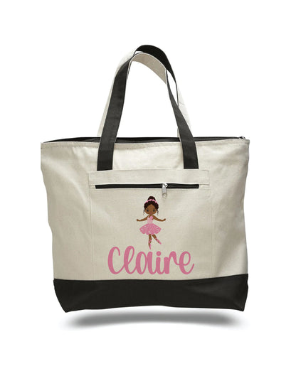 Personalized Ballerina Canvas Tote Bag, Zippered Pocket
