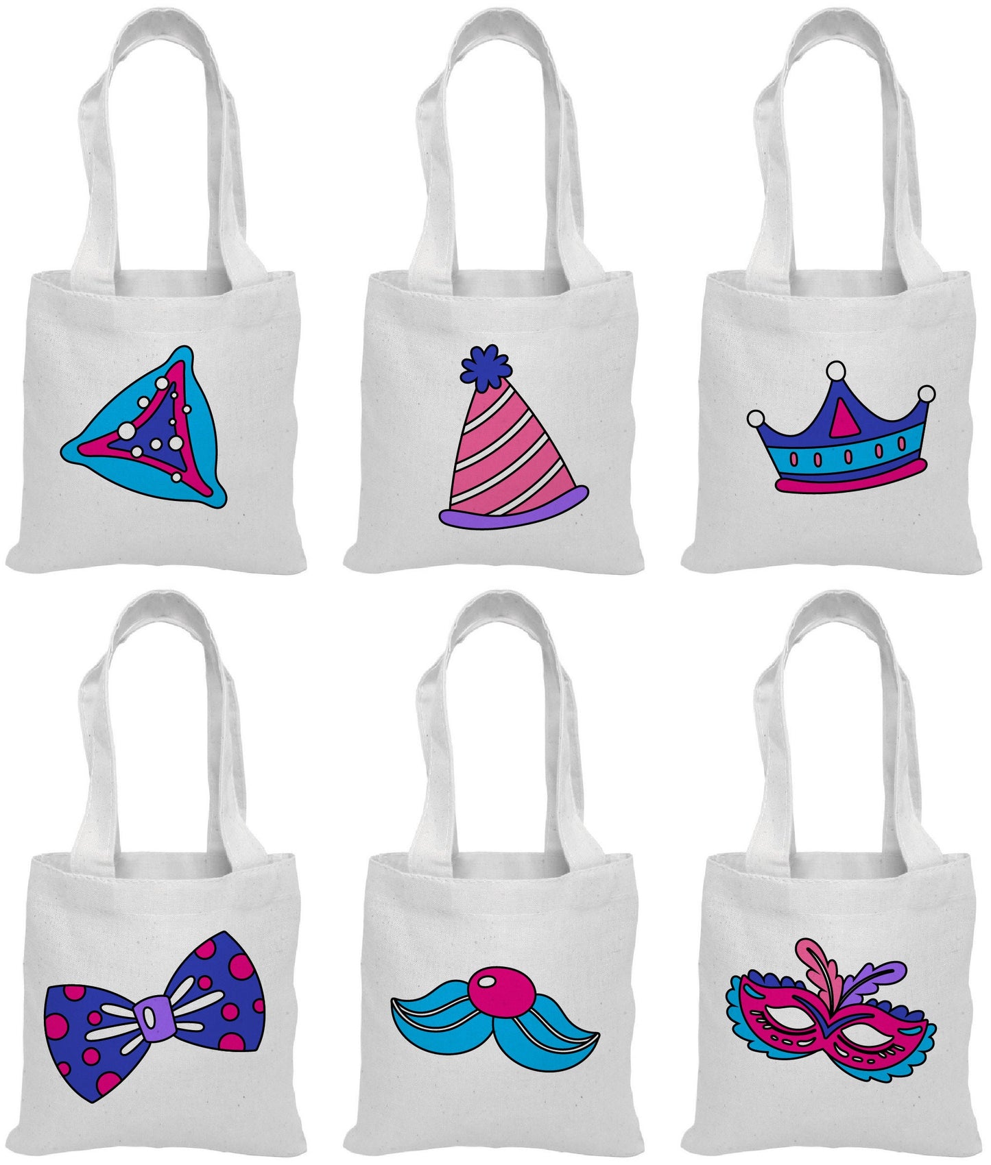 Purim Party Favor Bags, Assorted Cotton Goodie Bags, Set of 6