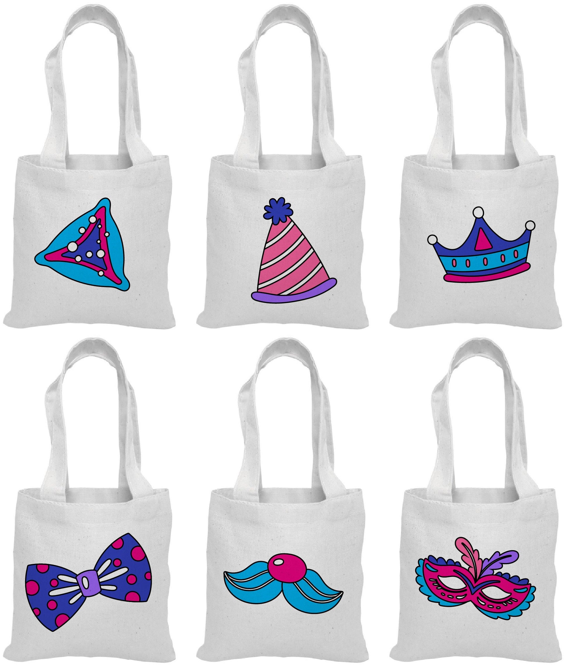 Purim Party Favor Bags, Assorted Cotton Goodie Bags, Set of 6