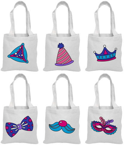 Purim Party Favor Bags, Assorted Cotton Goodie Bags, Set of 6