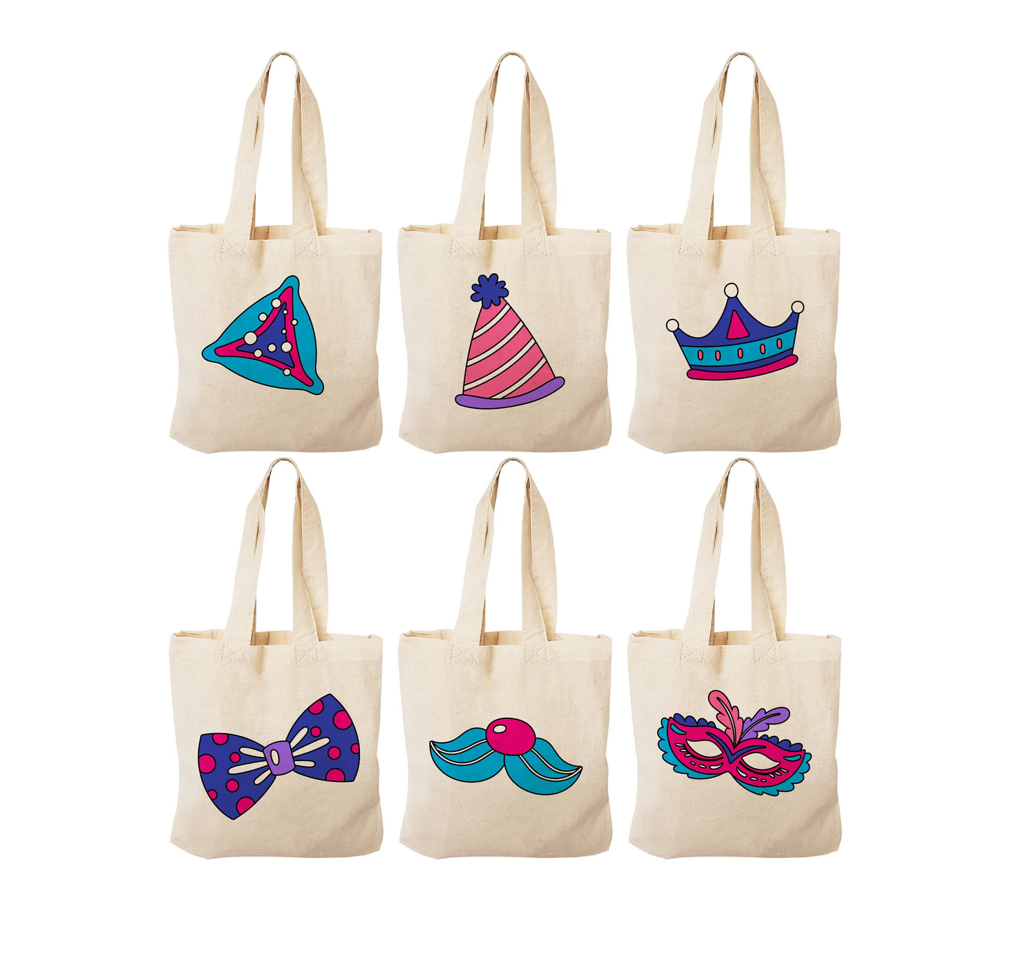 Purim Party Favor Bags, Assorted Cotton Goodie Bags, Set of 6