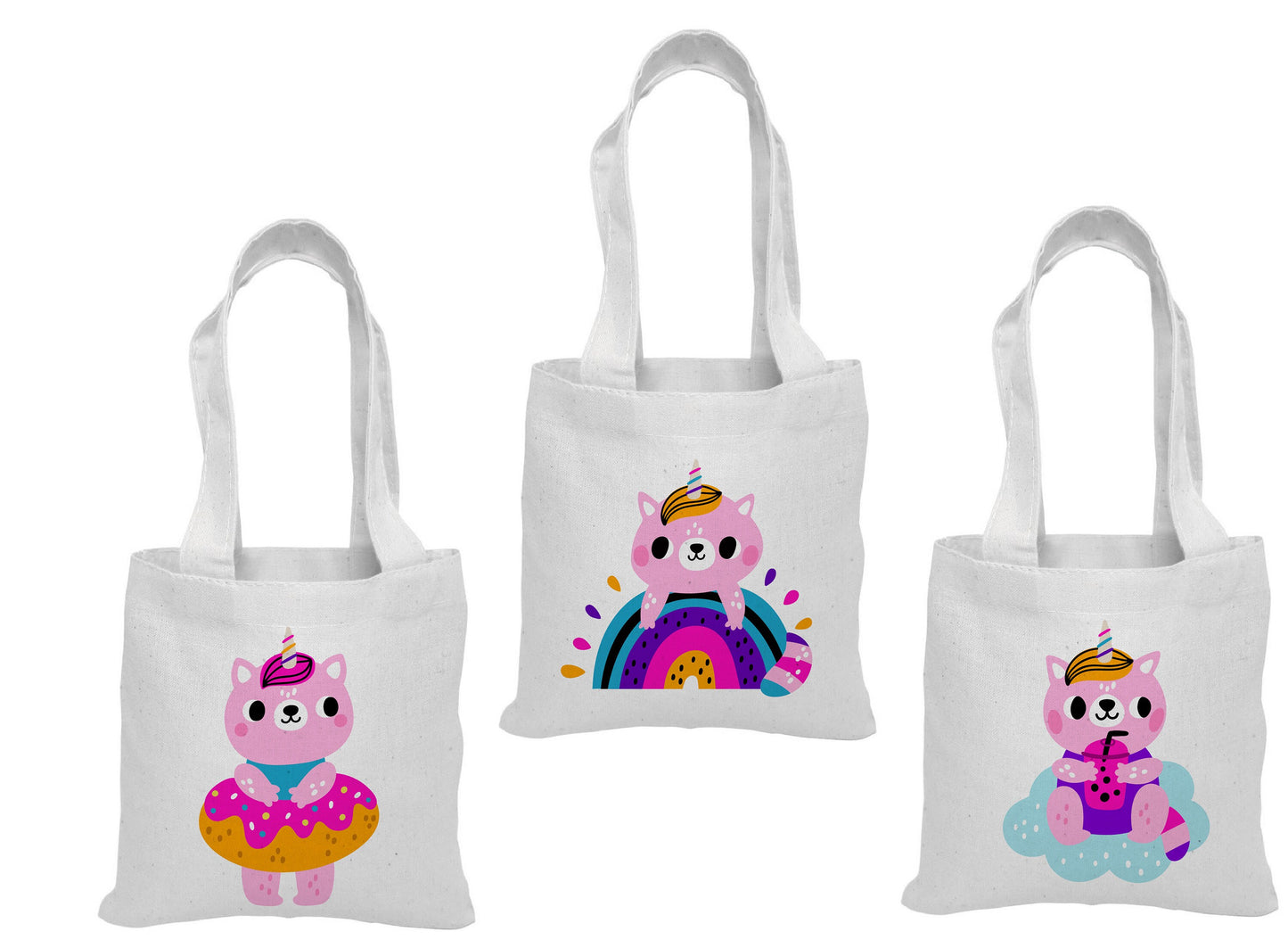 Cat Unicorn Party Favor Bags, Set of 3 Cotton Treat Bags