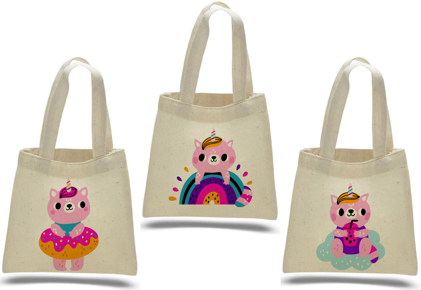Cat Unicorn Party Favor Bags, Set of 3 Cotton Treat Bags