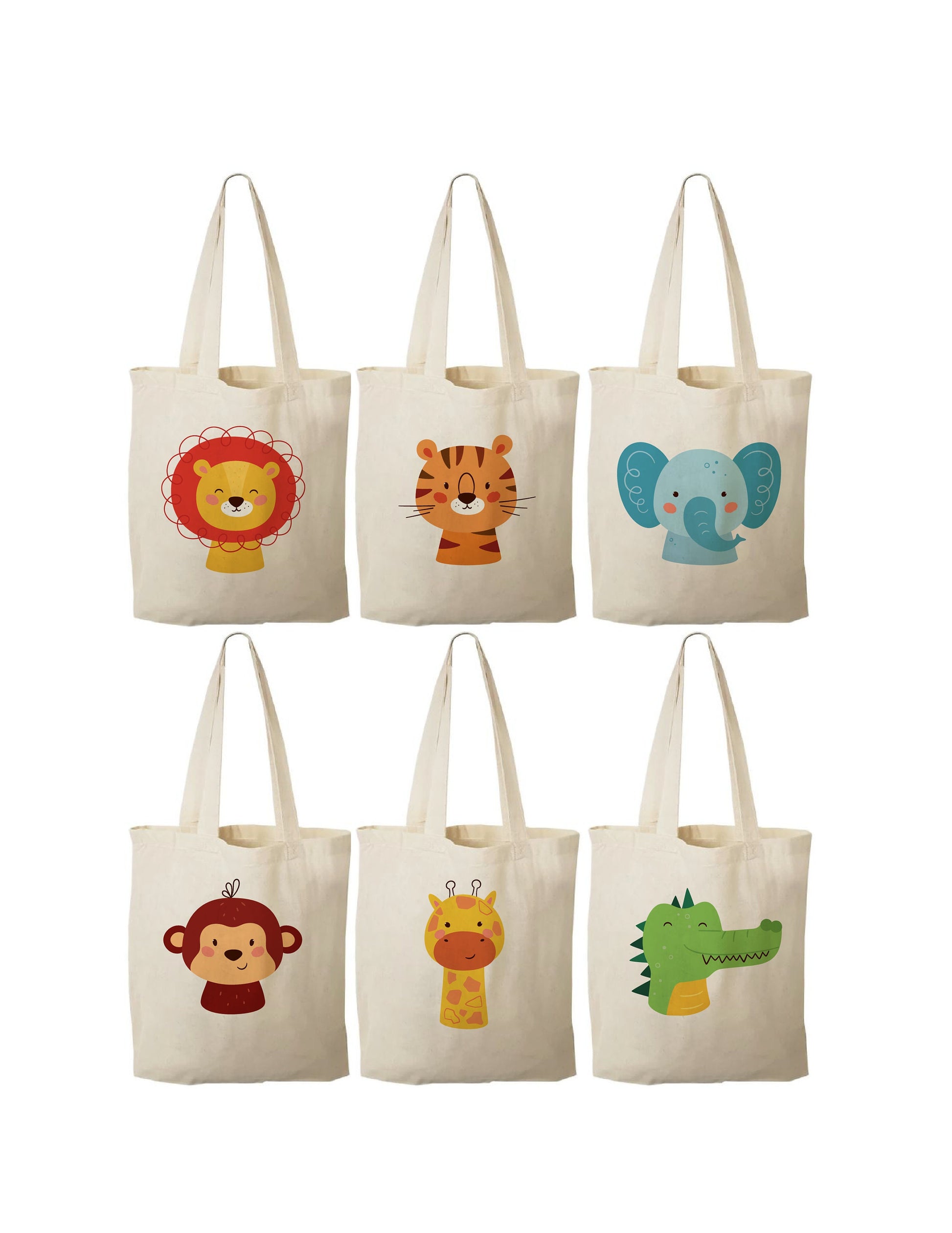 6 Animal Print Cotton Party Favor Bags, Zoo Theme