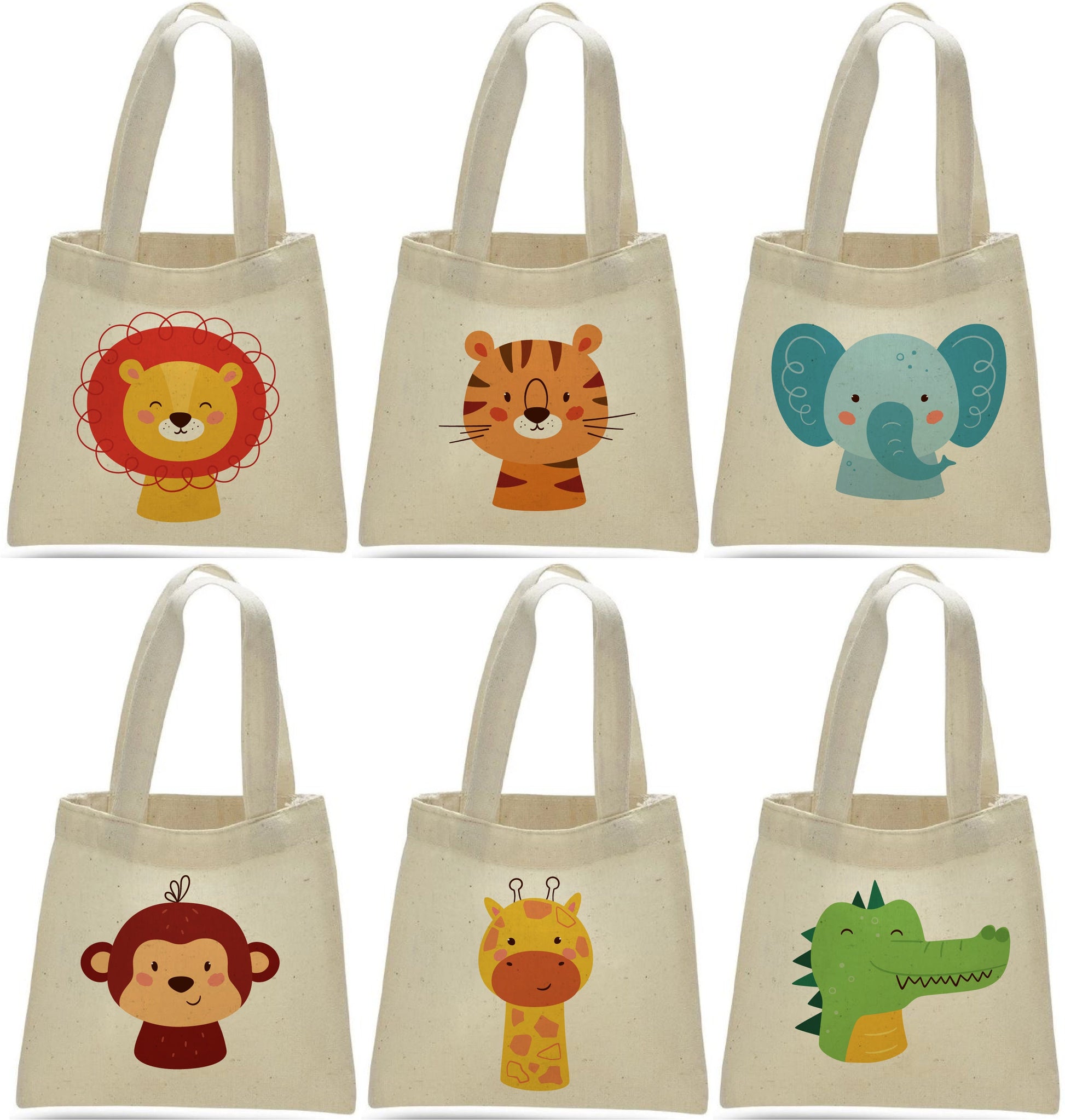 6 Animal Print Cotton Party Favor Bags, Zoo Theme
