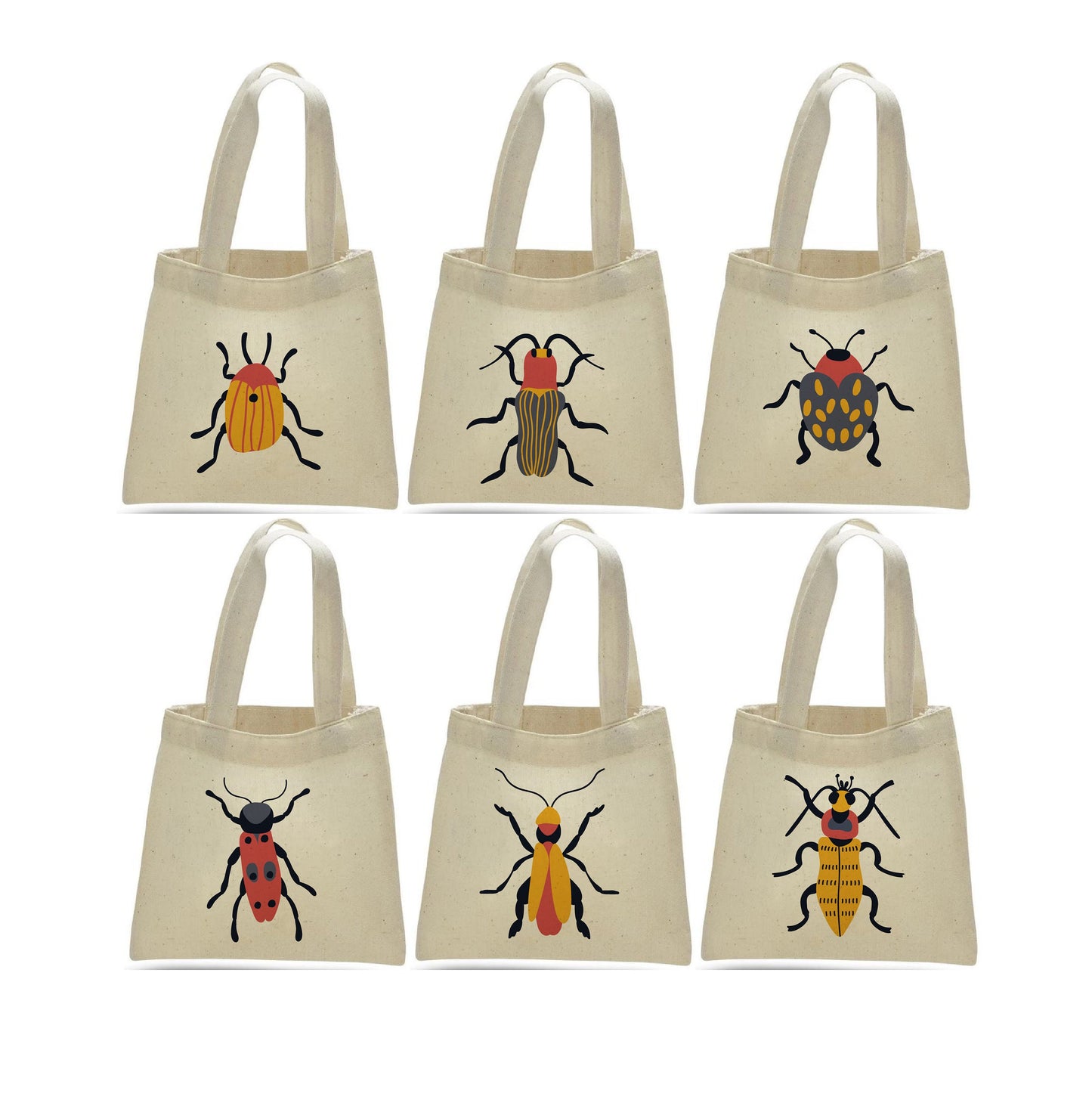 Insect Party Favor Bags - Set of 6 Cotton Canvas Goodie Bags