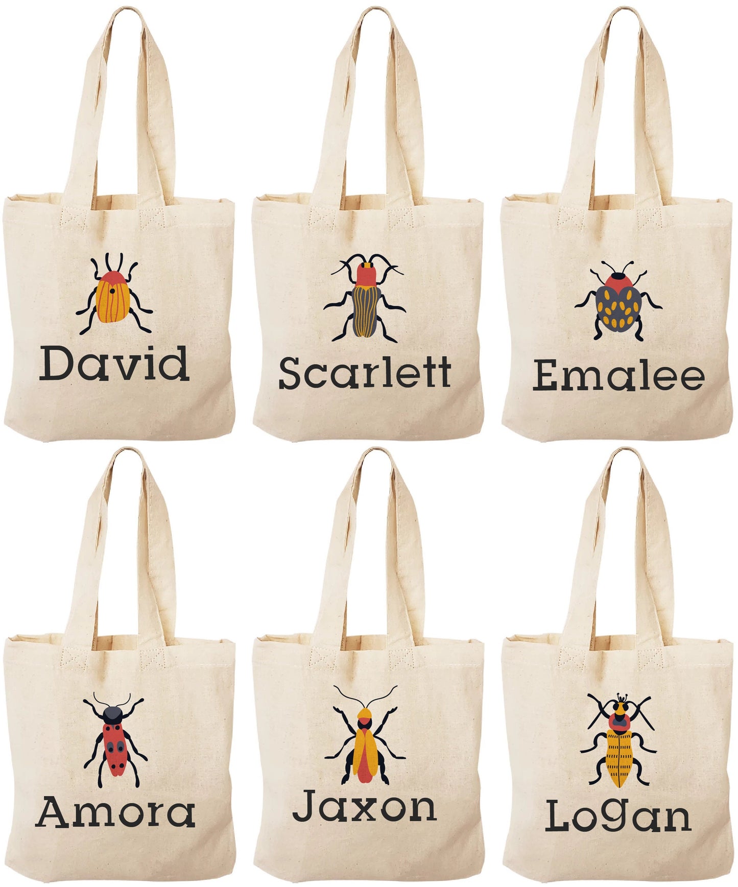 Insect Party Favor Bags, Personalized Bug Design, Set of 6