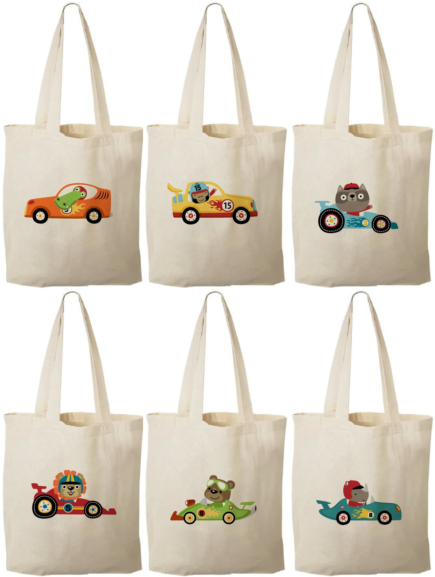 Animal Race Car Party Favor Bags - Perfect for Race Parties! - Adorable Race Car Designs on Cotton Treat Bags with Handles