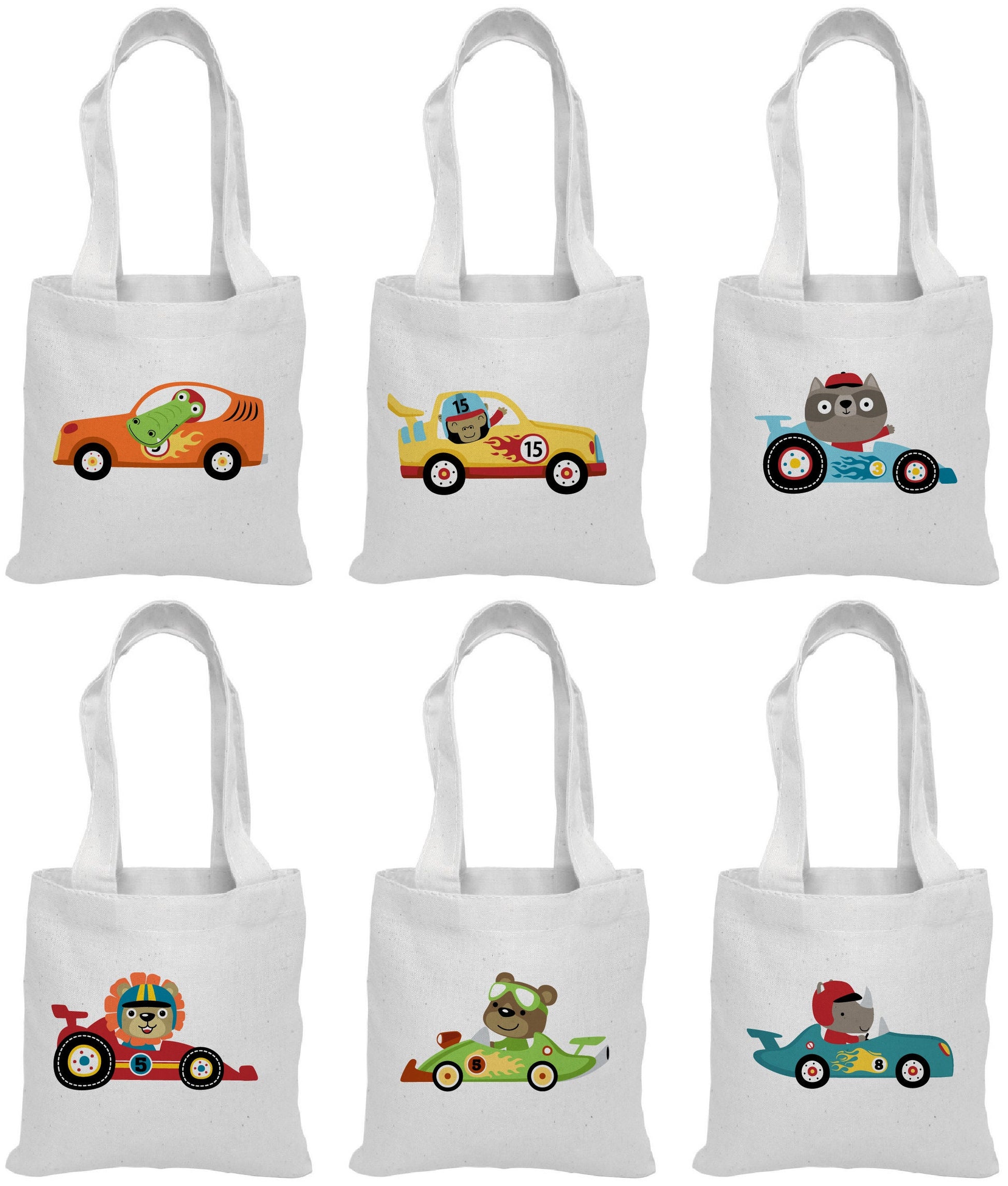 Animal Race Car Party Favor Bags - Perfect for Race Parties! - Adorable Race Car Designs on Cotton Treat Bags with Handles