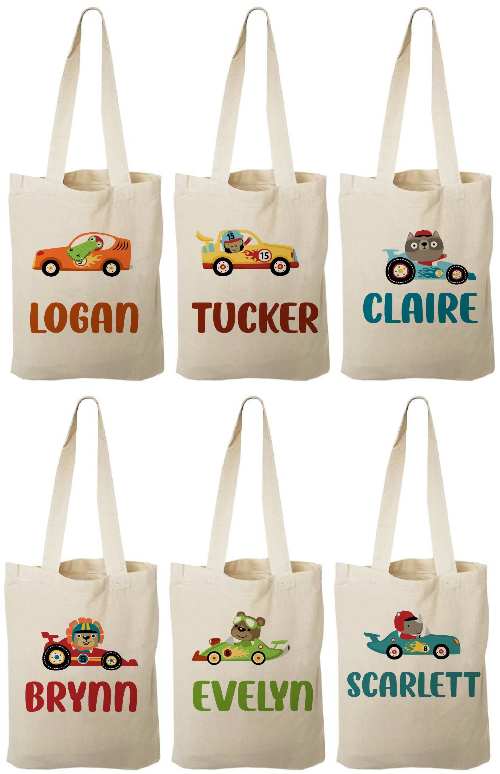 Personalized Race Car Party Favor Bags, Animal Driver Canvas Tote