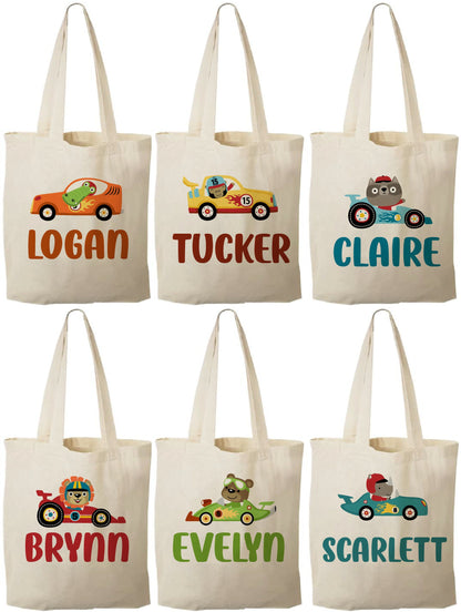 Personalized Race Car Party Favor Bags, Animal Driver Canvas Tote