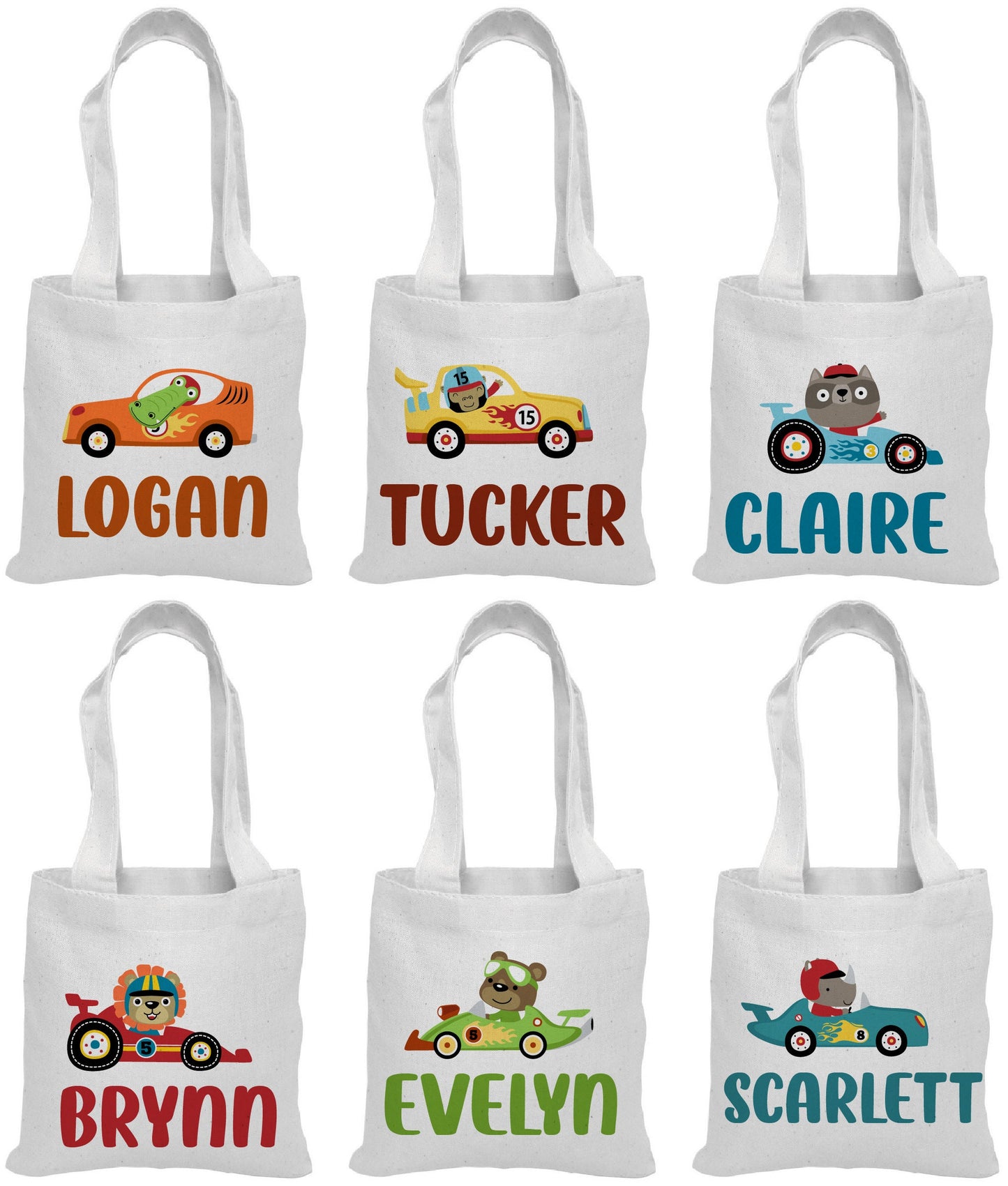 Personalized Race Car Party Favor Bags, Animal Driver Canvas Tote