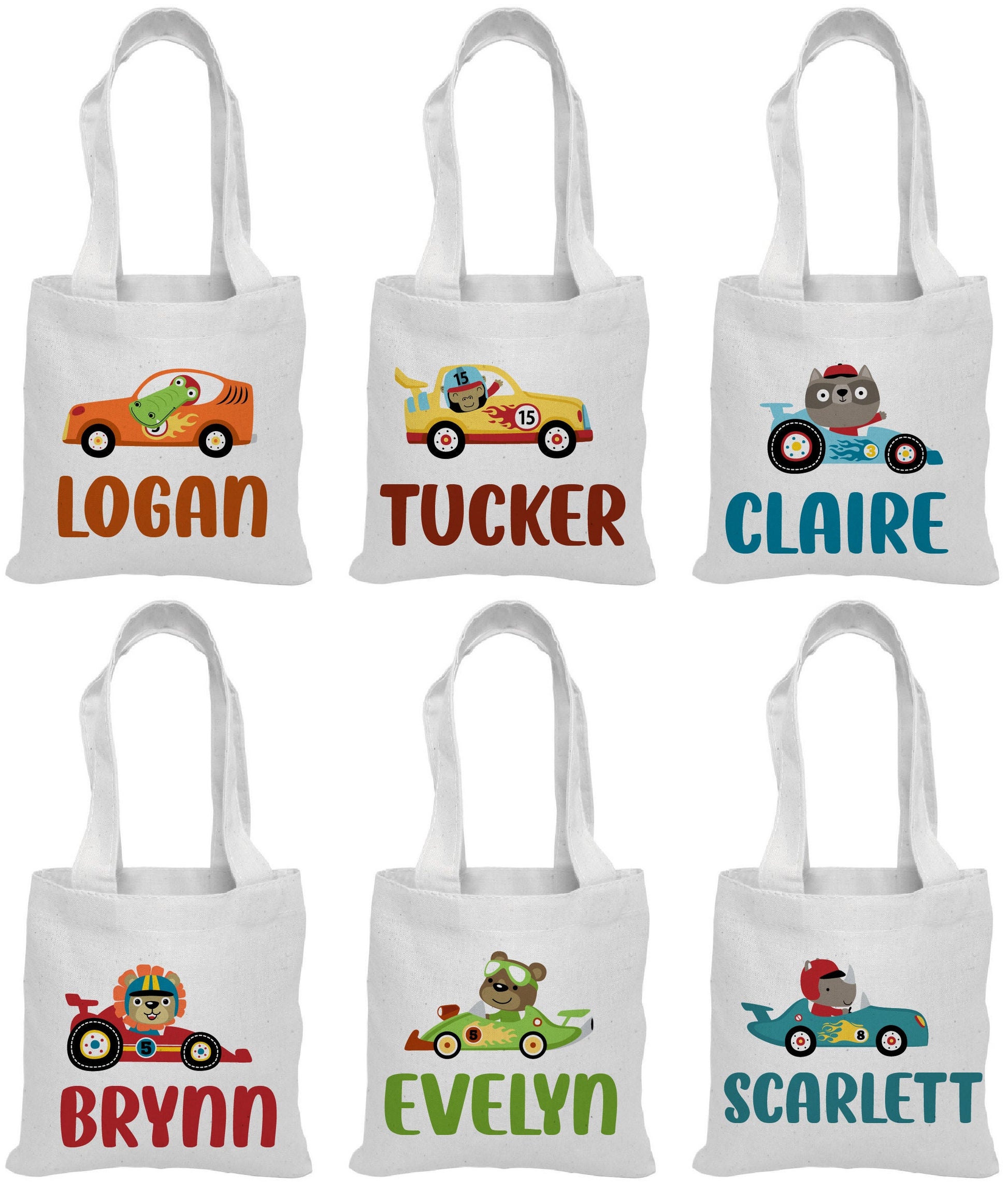 Personalized Race Car Party Favor Bags, Animal Driver Canvas Tote