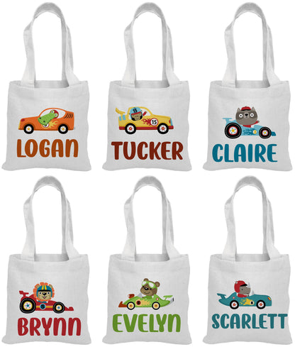 Personalized Race Car Party Favor Bags, Animal Driver Canvas Tote