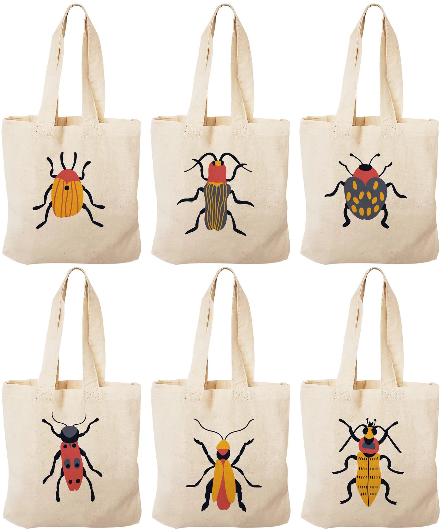 Insect Party Favor Bags - Set of 6 Cotton Canvas Goodie Bags