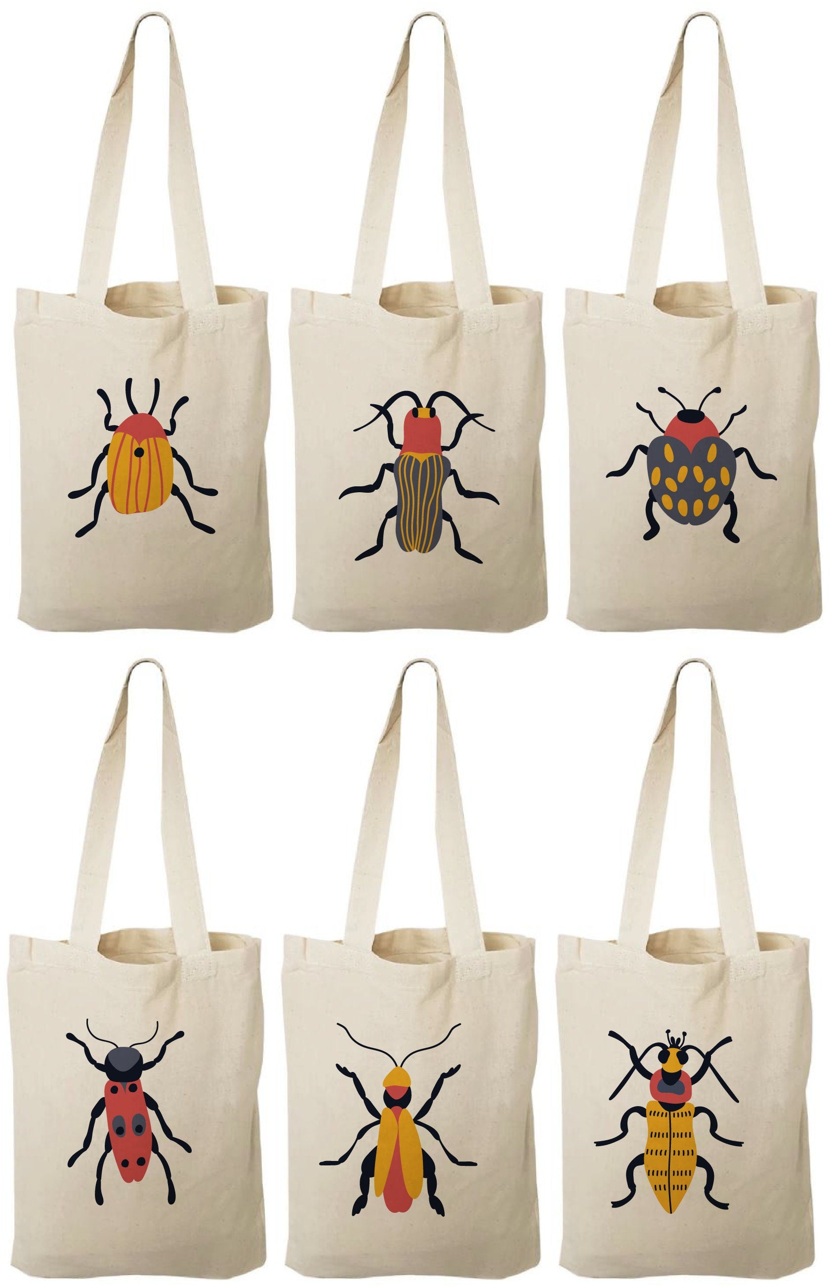 Insect Party Favor Bags - Set of 6 Cotton Canvas Goodie Bags