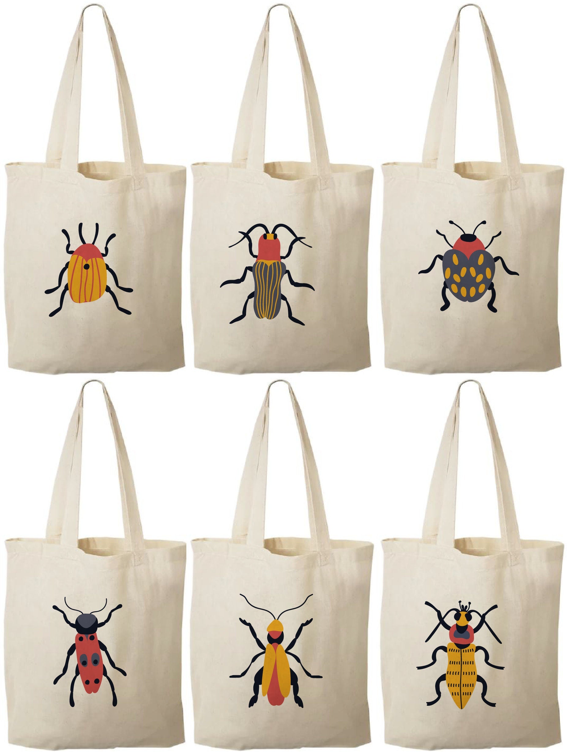 Insect Party Favor Bags - Set of 6 Cotton Canvas Goodie Bags