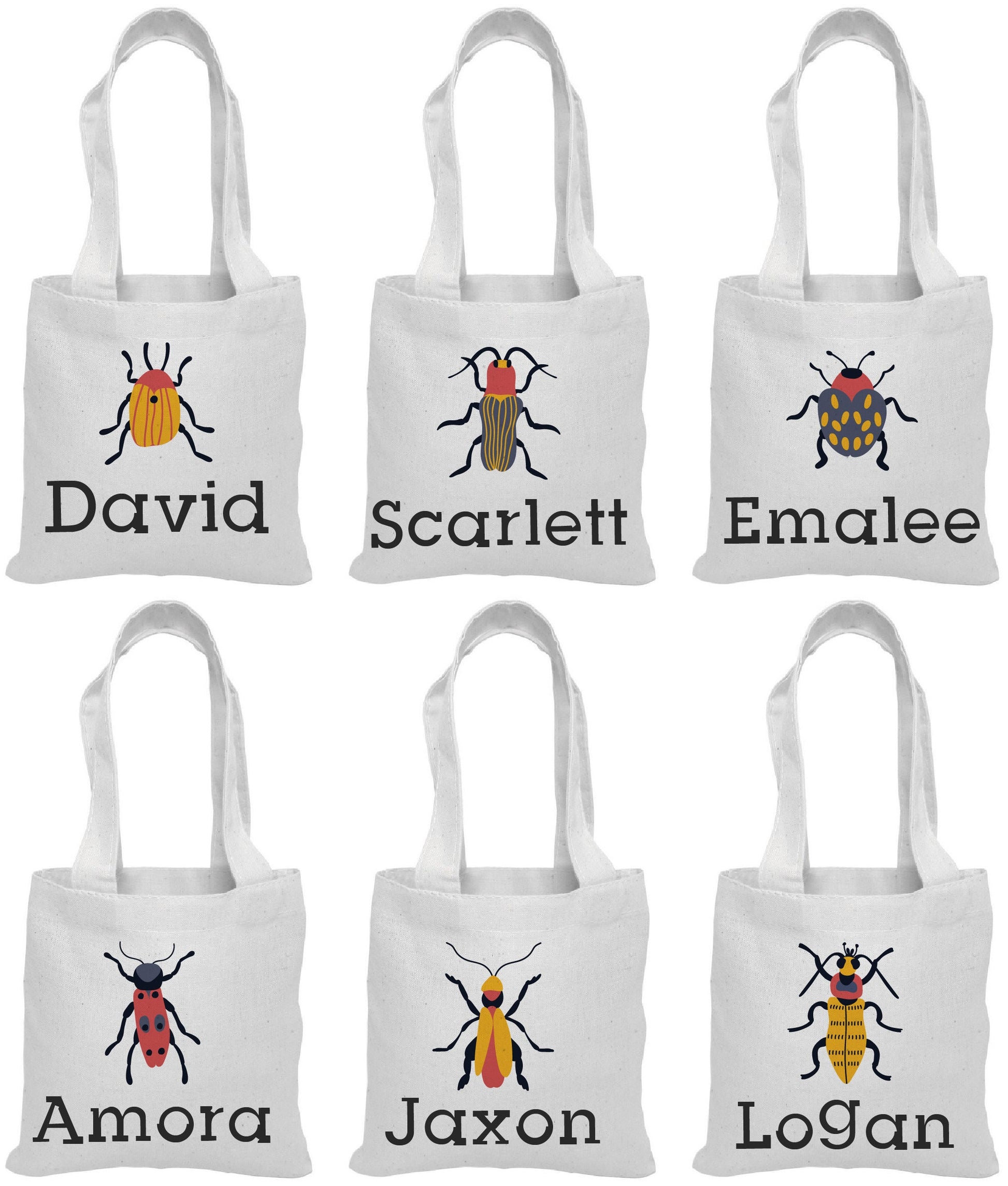 Insect Party Favor Bags, Personalized Bug Design, Set of 6