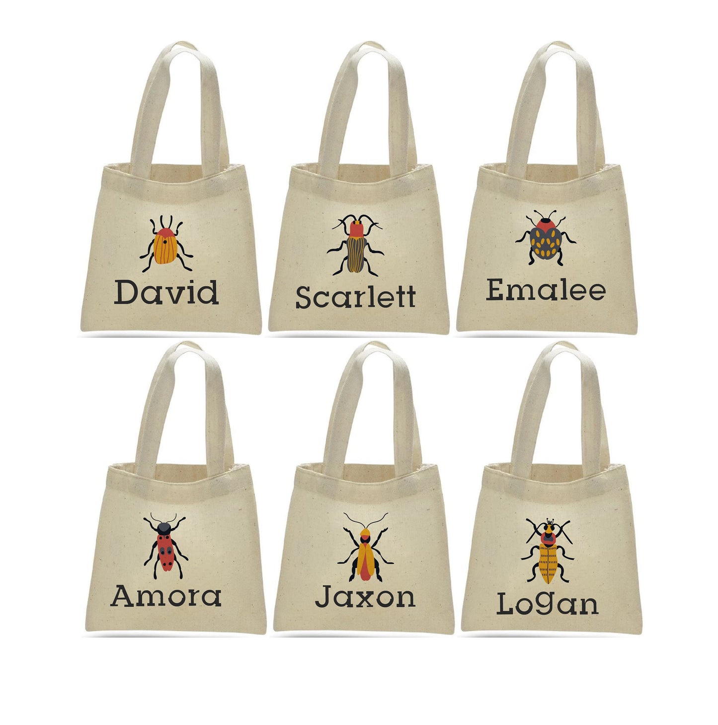 Insect Party Favor Bags, Personalized Bug Design, Set of 6