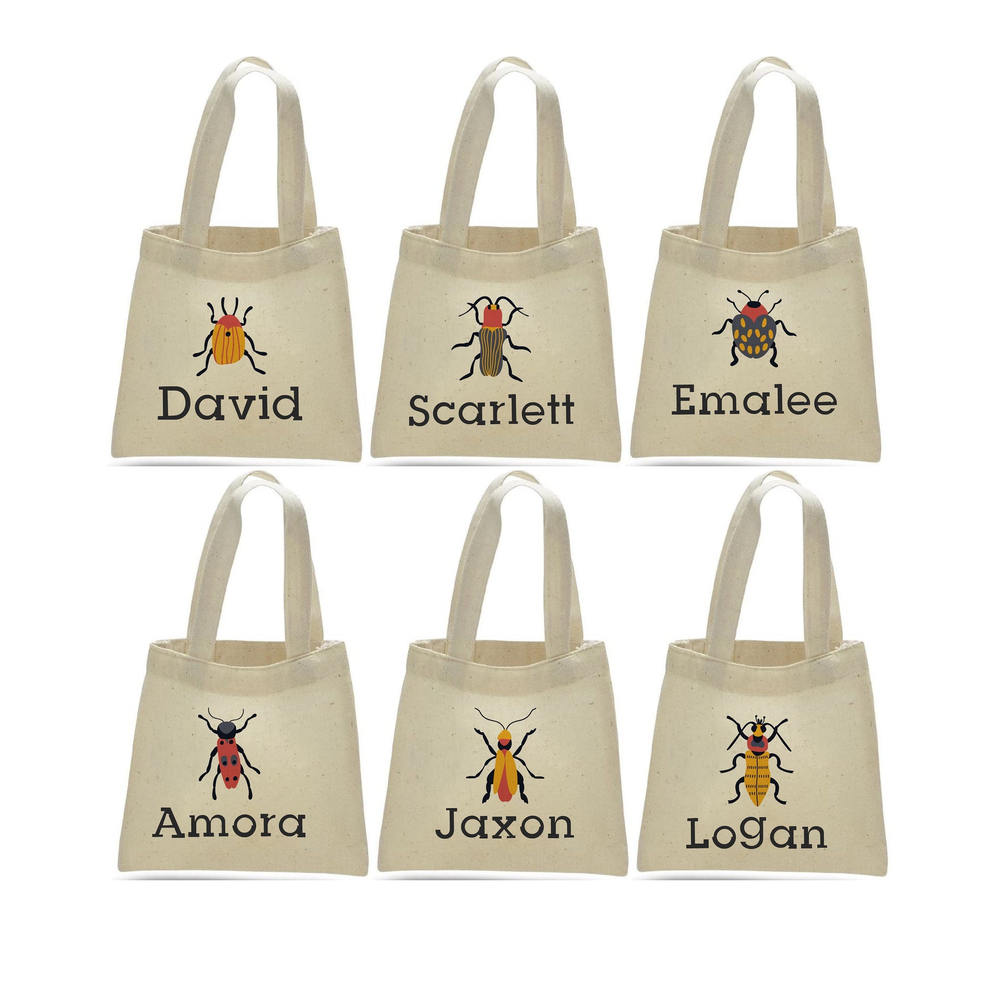 Insect Party Favor Bags, Personalized Bug Design, Set of 6