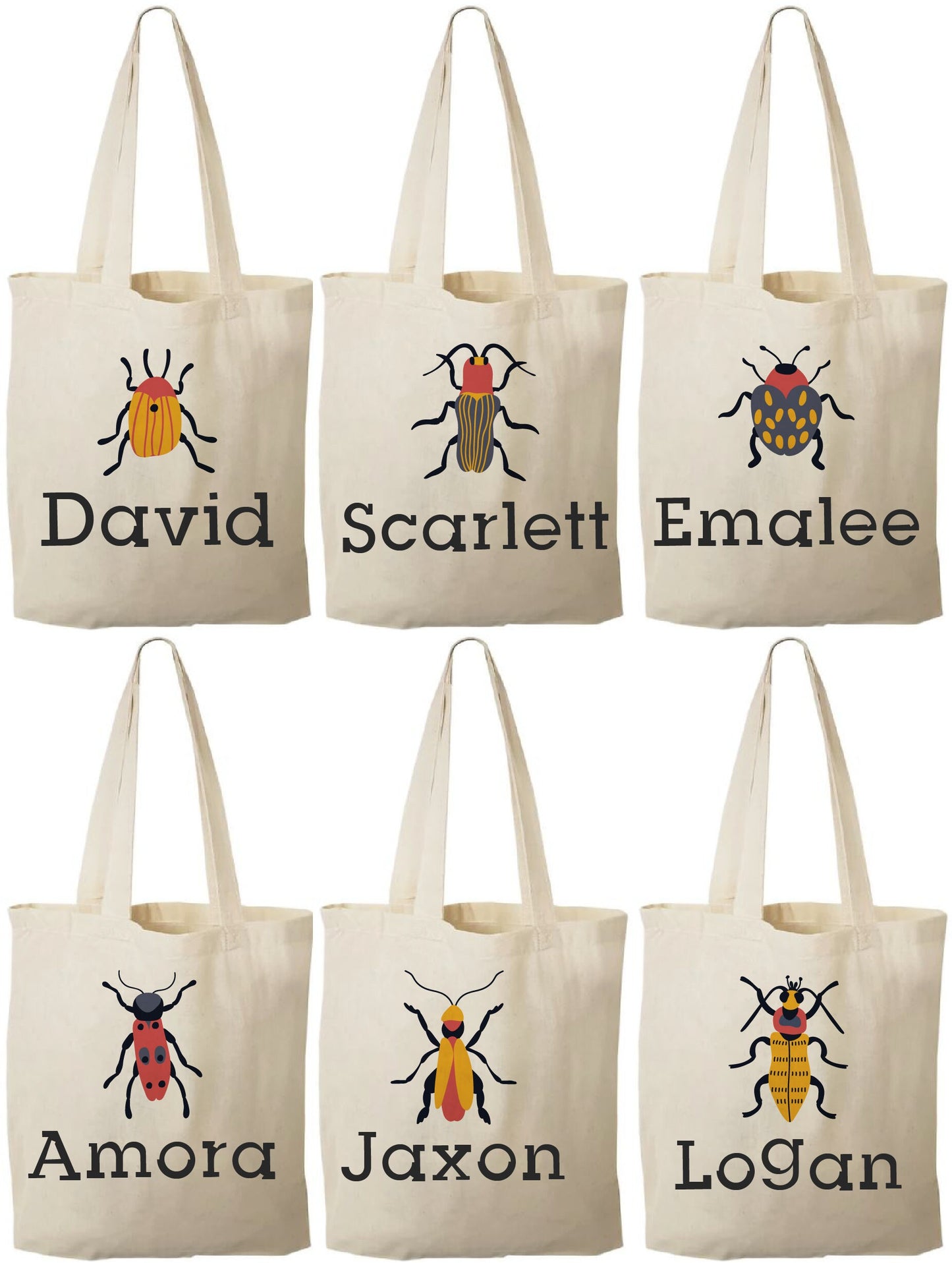 Insect Party Favor Bags, Personalized Bug Design, Set of 6