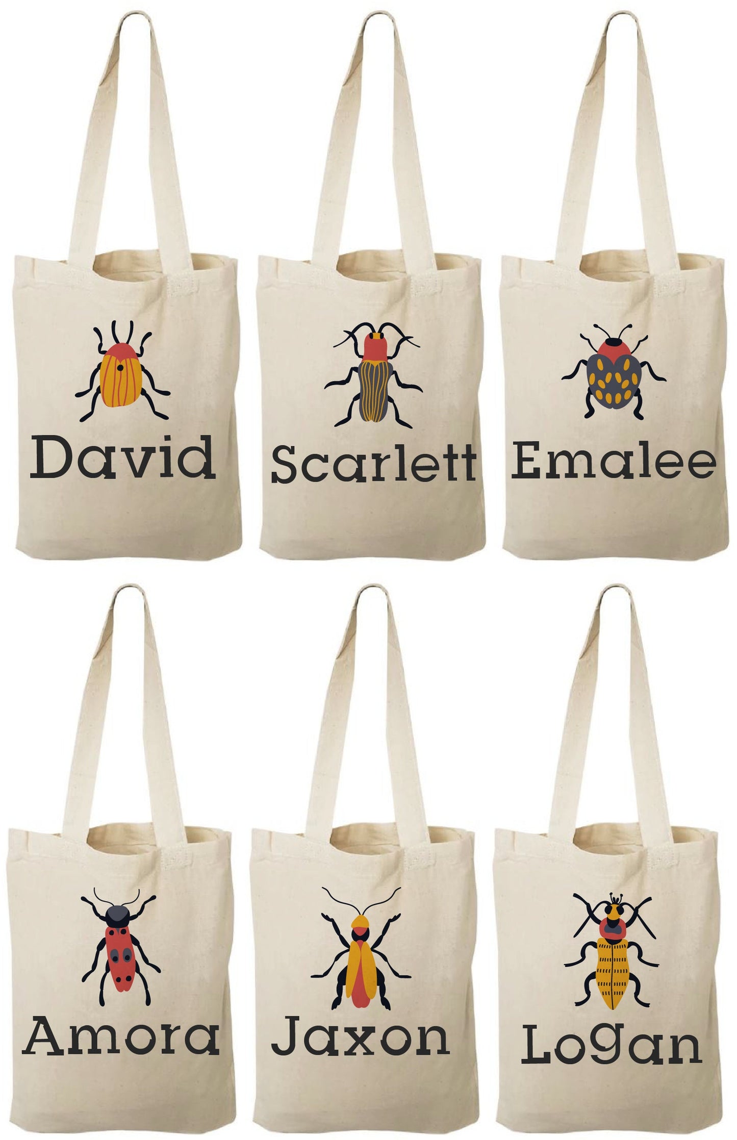 Insect Party Favor Bags, Personalized Bug Design, Set of 6