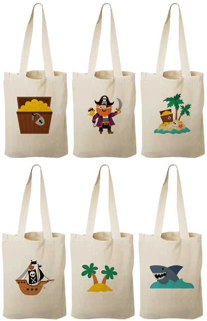 Pirate Party Favor Bags - Perfect for Pirate Themed Parties! - Set of Six Bags - Cotton Bags with Handles and Adorable Pirate Designs