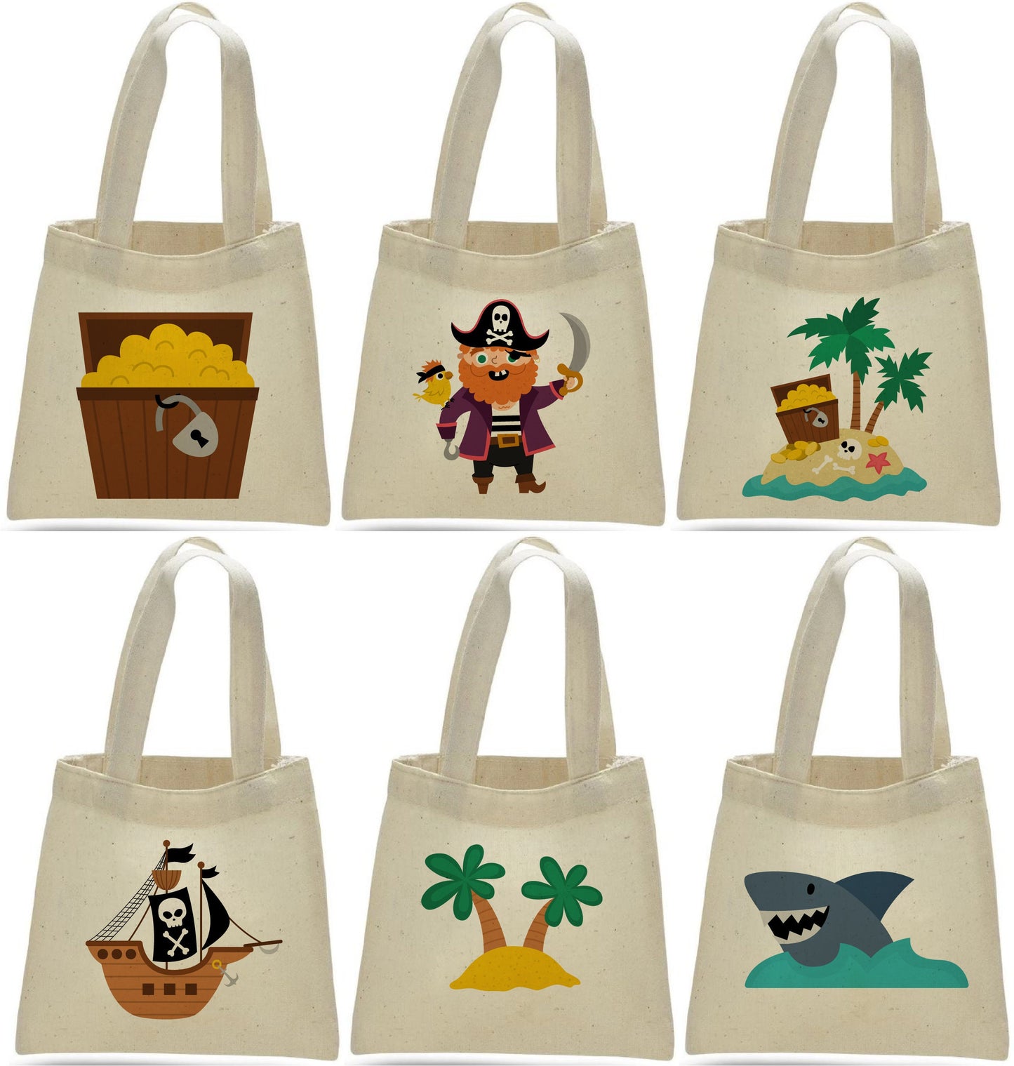 Pirate Party Favor Bags - Perfect for Pirate Themed Parties! - Set of Six Bags - Cotton Bags with Handles and Adorable Pirate Designs