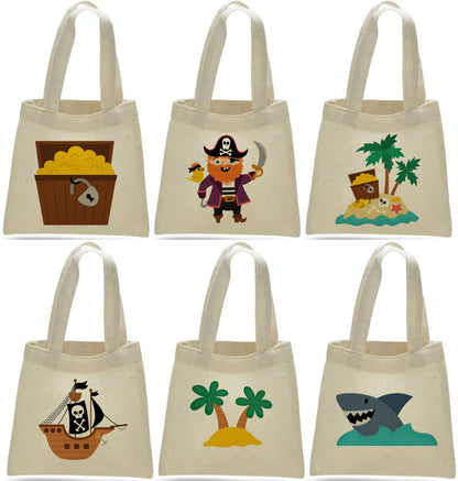 Pirate Party Favor Bags - Perfect for Pirate Themed Parties! - Set of Six Bags - Cotton Bags with Handles and Adorable Pirate Designs