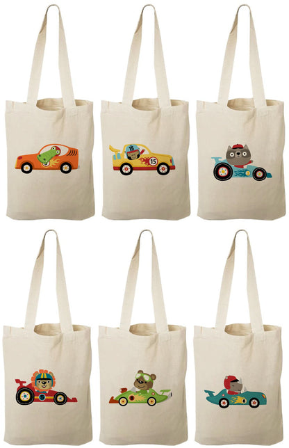 Animal Race Car Party Favor Bags - Perfect for Race Parties! - Adorable Race Car Designs on Cotton Treat Bags with Handles