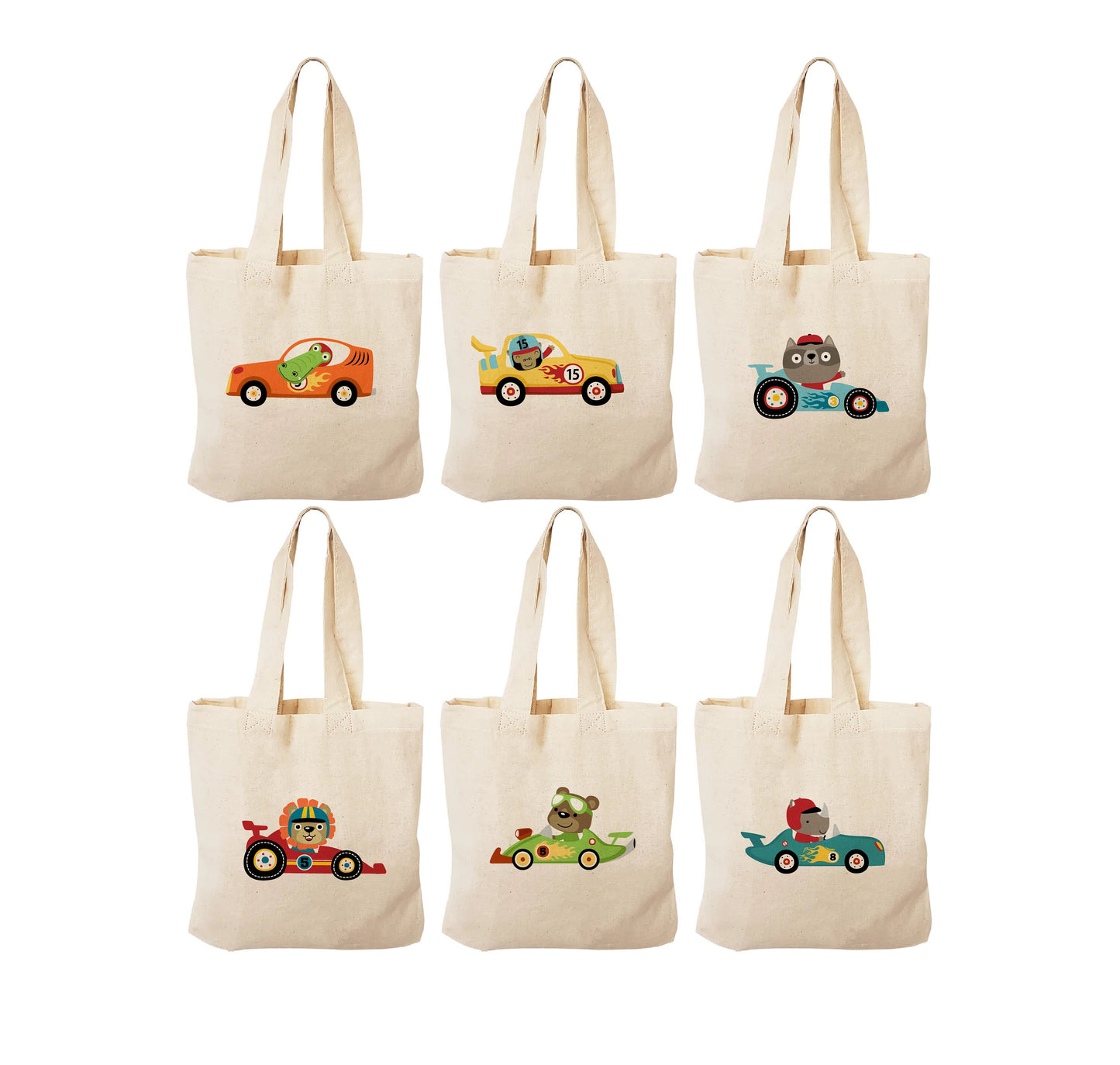Animal Race Car Party Favor Bags - Perfect for Race Parties! - Adorable Race Car Designs on Cotton Treat Bags with Handles