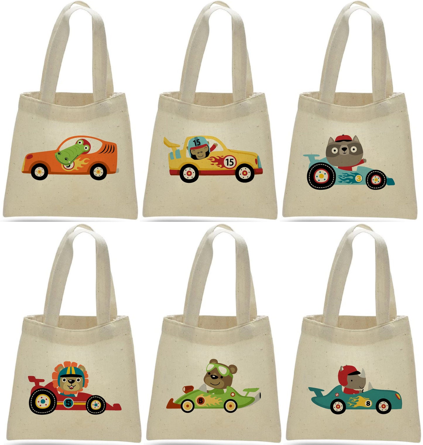 Animal Race Car Party Favor Bags - Perfect for Race Parties! - Adorable Race Car Designs on Cotton Treat Bags with Handles