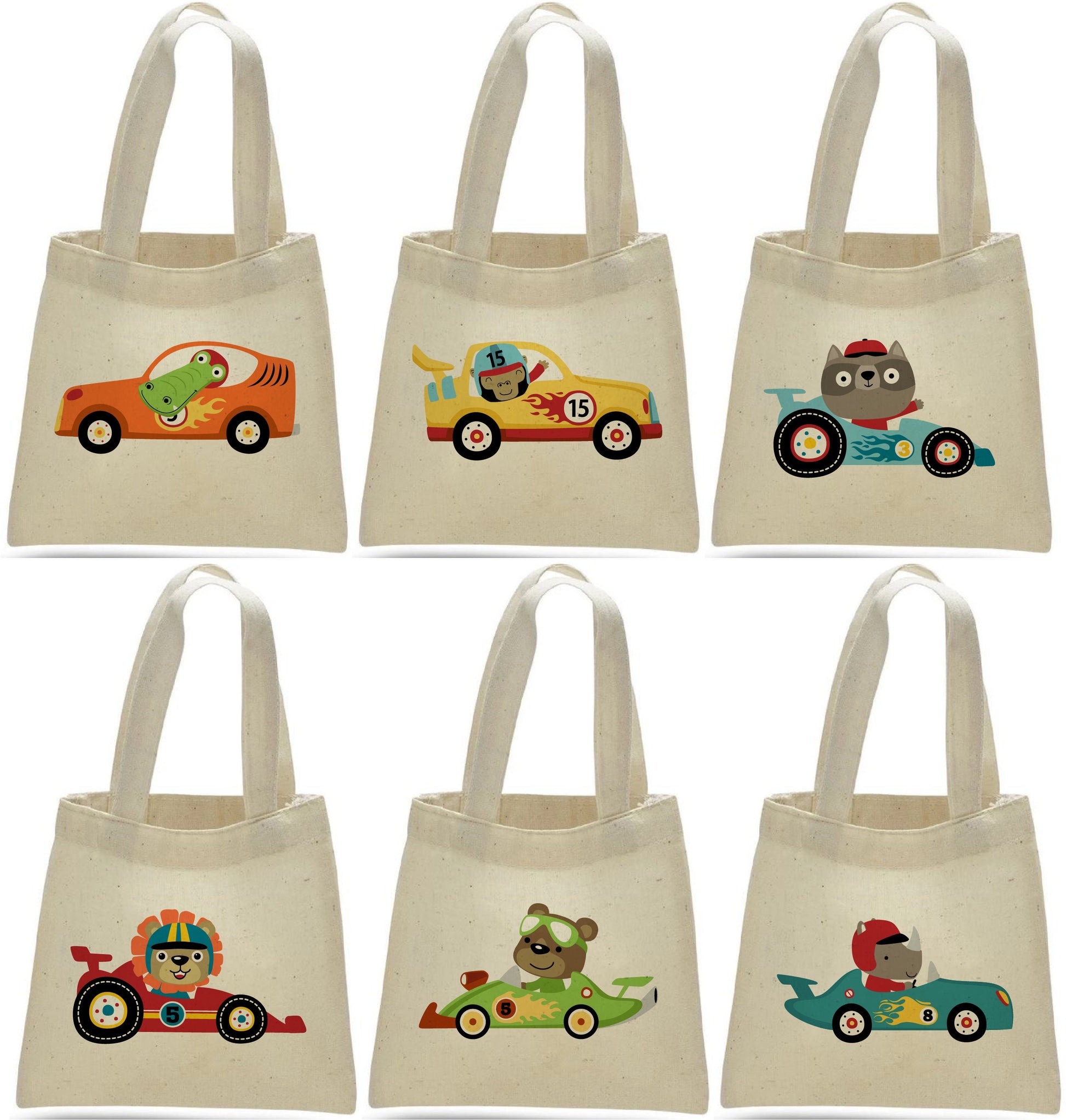 Animal Race Car Party Favor Bags - Perfect for Race Parties! - Adorable Race Car Designs on Cotton Treat Bags with Handles