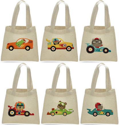 Animal Race Car Party Favor Bags - Perfect for Race Parties! - Adorable Race Car Designs on Cotton Treat Bags with Handles