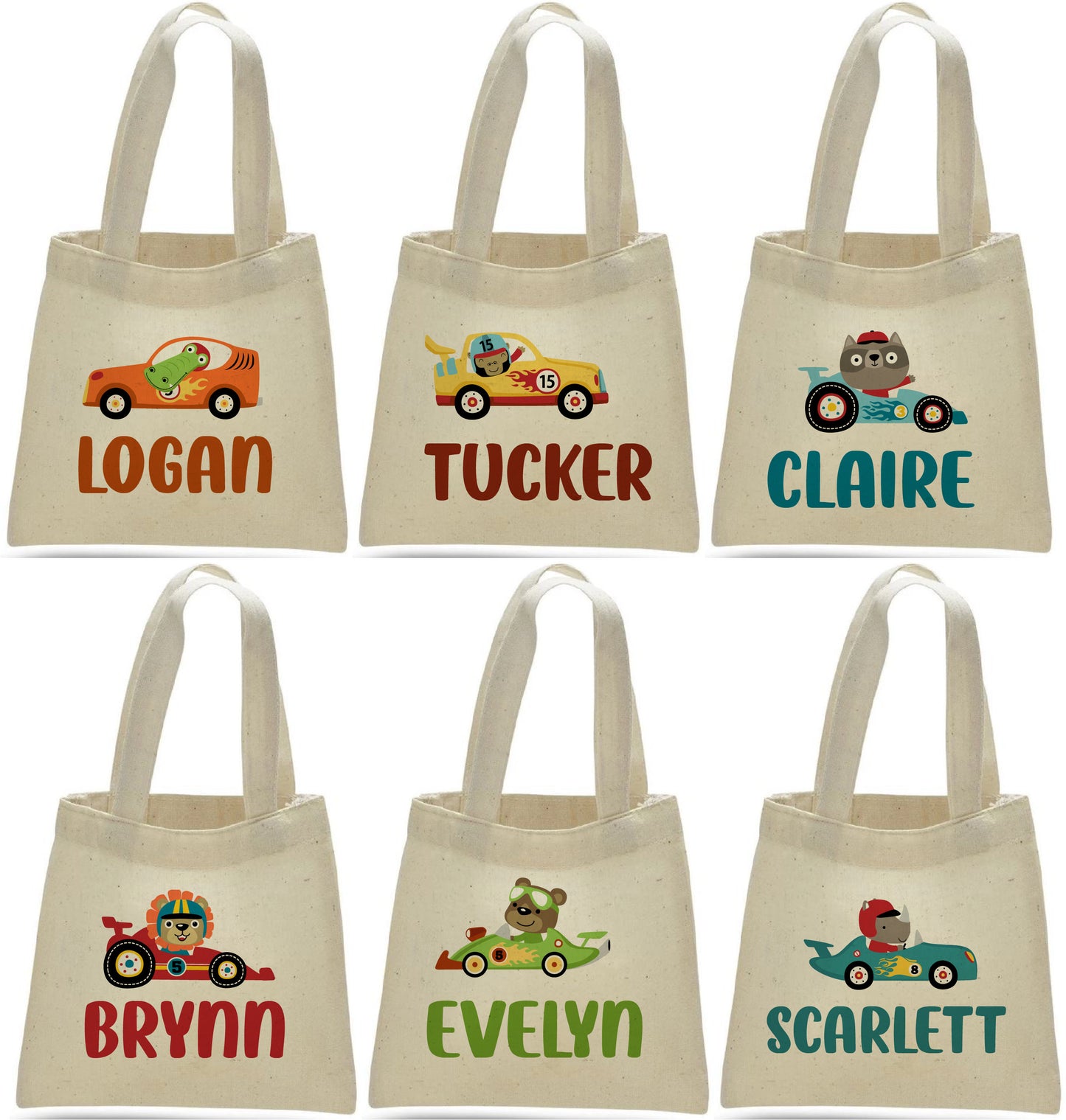 Personalized Race Car Party Favor Bags, Animal Driver Canvas Tote
